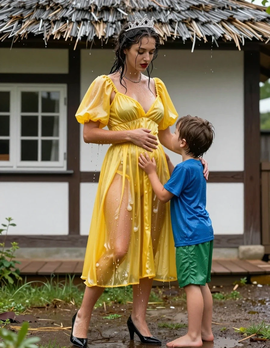 photo of young woman, in soaking wet, drenched clothes,
Schwarze Pumps, Gelbes langes Schneewittchen Kleid aus Satin, Kleines Fachwerkhaus mit einem Strohgedeckten Dach und Sprossenfenster, 
enjoying, wet clothes stuck to body,
detailed textures of the wet clothes, wet face, wet plastered hair,
wet, drenched, professional, high-quality details, full body view.
sharp focus, ultra-high pixel detail, realistic, high-quality, full colors, incredibly detailed, 4k, 8k, 16k, hyper-realistic, RAW photo, masterpiece, ultra-detailed, professionally color graded, professional photograph, Fotorealistische Rückansicht als Ganzkörperaufnahme eines jungen Mädchens, sie vor einem kleinen Fachwerkhaus mit Sprossenfenster und einem strohgedeckten Dach, das Mädchen hat schwarze lange Haare und einen rot geschminkten Mund, sie hat schöne blaue Augen, sie hat mittelgroße flache Brüste, auf dem Kopf trägt sie eine silberne kleine Krone, um den Hals trägt sie eine silberne Halskette, sie trägt ein langes gelbes Schneewittchen Kleid aus Chiffon mit Puffärmeln, es regnet stark und ihr Kleid ist völlig durchnässt, ihre Brüste sind durch den dünnen und transparenten Stoff ihres Kleides gut sichtbar, ihr Rock klebt ihr an den Beinen, Wasser läuft aus ihrem Rock, vor ihr steht ein sehr kleiner Junger mit mit hellblauen Shirt und einer kurzen grünen Shorts, sie drückt ihn fest an ihr Kleid und umarmt ihn liebevoll, der sehr kleine Junge legt beide Arme um Ihren Rock., wet skin, wet clothes, damp fabric