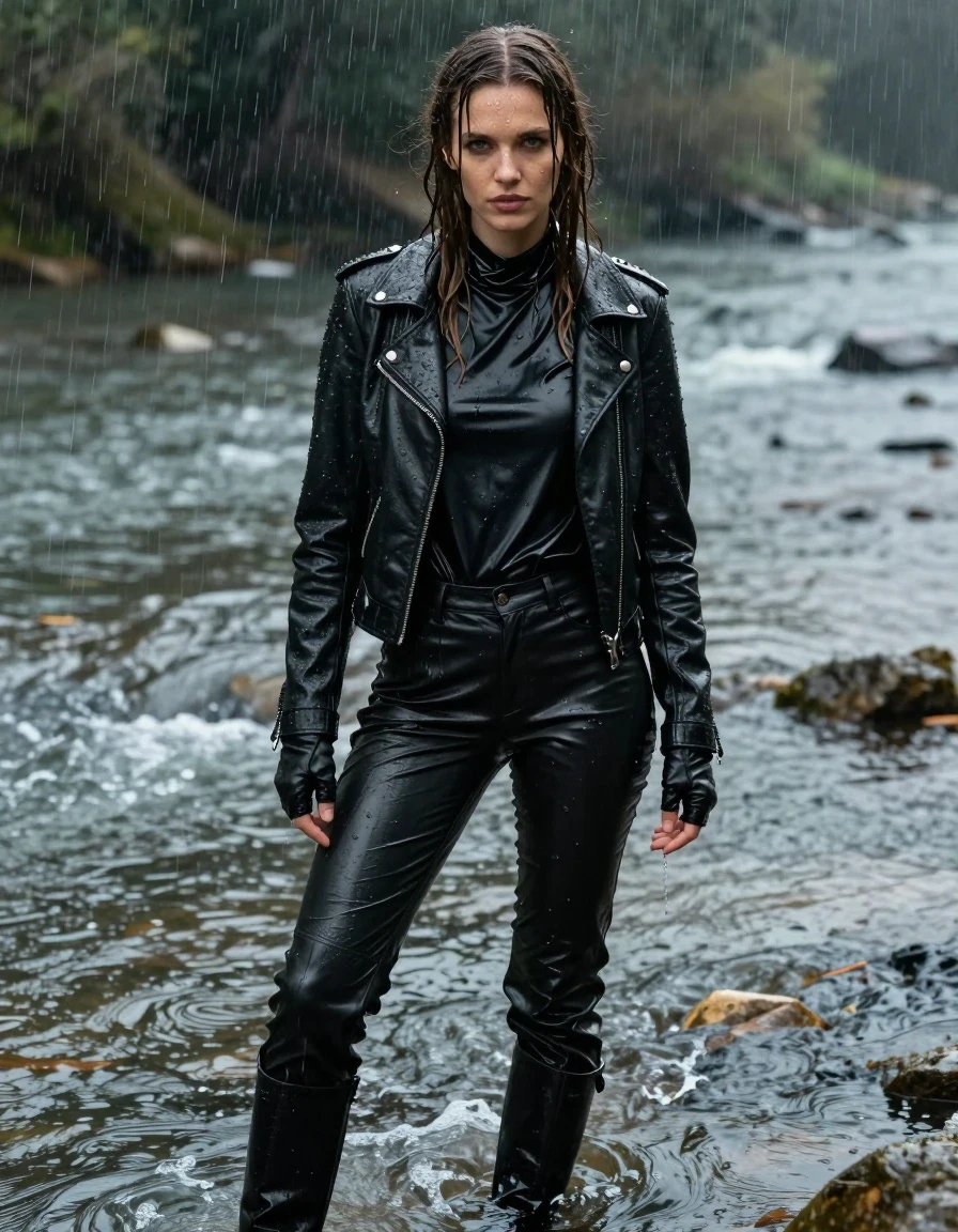 A young adult European woman with long, dripping wet brown hair, standing in a flowing river, drenched by heavy rain. She is wearing an oversize black vinyl polar neck shirt, black vinyl pants, a black biker leather jacket, and black leather knee-high boots, with leather gloves on both hands. Her skin is glistening with water, and her clothes are saturated, clinging to her form with visible damp fabric textures, darkened tones, and heavy wet folds. The rain creates a constant sheen and numerous water droplets on her skin and clothing. The scene is set in a natural river environment, captured with photorealistic detail, high-contrast lighting emphasizing the wet surfaces, sharp focus on textures, cinematic quality, no nudity, fully clothed, clean anatomy.
