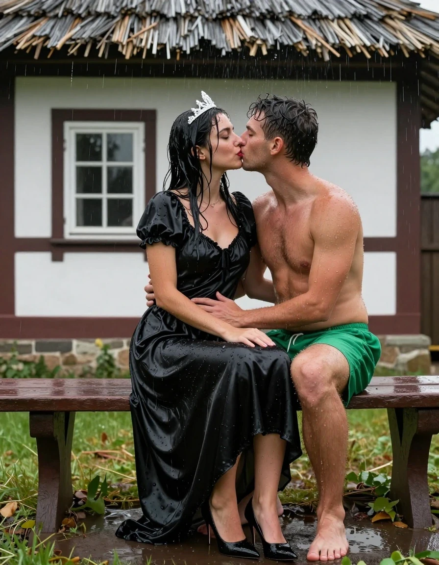 photo of young woman, in soaking wet, drenched clothes,
Schwarze Pumps, Langes Schneewittchen Kleid aus Satin, Kleines Fachwerkhaus mit einem Strohgedeckten Dach und Sprossenfenster, 
enjoying, wet clothes stuck to body,
detailed textures of the wet clothes, wet face, wet plastered hair,
wet, drenched, professional, high-quality details, full body view.
sharp focus, ultra-high pixel detail, realistic, high-quality, full colors, incredibly detailed, 4k, 8k, 16k, hyper-realistic, RAW photo, masterpiece, ultra-detailed, professionally color graded, professional photograph, Fotorealistische Ganzkörperaufnahme eines wunderschönen jungen Mädchen, sie sitzt vor einem kleinen Fachwerkhaus mit Sprossenfenster und einem strohgedeckten Dach auf einer Bank, das Mädchen hat schwarze lange Haare und einen rot geschminkten Mund, auf dem Kopf trägt sie eine silberne kleine Krone, sie trägt ein langes Schneewittchen Kleid aus Chiffon mit Puffärmeln, es regnet stark und ihre Kleidung ist völlig durchnässt, ihr Rock klebt ihr an den Beinen, neben ihr sitzt ein junger Mann mit grüner Boxershort, nackten Oberkörper, sie sitzt rittlings auf seinem Schoß und umarmt ihn ganz eng und küsst ihn auf den Mund, wet skin, wet clothes, damp fabric, er legt seine Hand in ihren Rock., wet skin, wet clothes, damp fabric