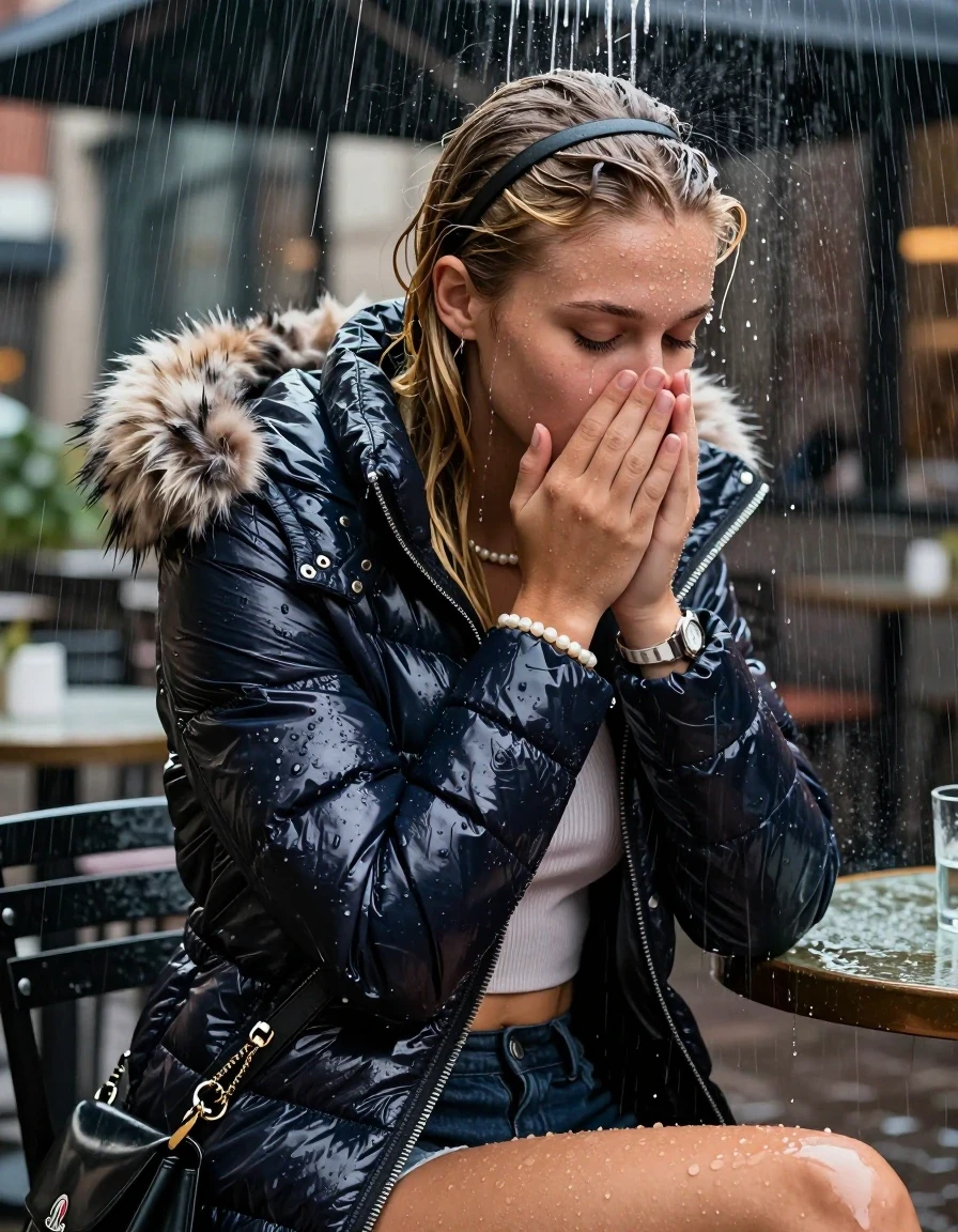 photo of young woman, in soaking wet, drenched clothes,
, , Moncler shiny puffer down jacket with fur, Open jacket, tight v-neck sweater belly free, shoulderbag, pearl necklace, bracelet, wristwatch, stream of rainwater, 
enjoying, wet clothes stuck to body,
detailed textures of the wet clothes, wet face, wet plastered hair,
wet, drenched, professional, high-quality details, full body view.
sharp focus, ultra-high pixel detail, realistic, high-quality, full colors, incredibly detailed, 4k, 8k, 16k, hyper-realistic, RAW photo, masterpiece, ultra-detailed, professionally color graded, professional photograph, A realistic vertical fashion photograph taken from a backward, behind-the-back angle of a 15-year-old teenage girl sitting in an Outdoor Restaurant under a heavy, concentrated stream of rainwater pouring off the edge of a building roof. She is tilting her head down, letting the water drench her hair so it is glued flat against her head and body. She has blonde Sleek  straight long hair with hairband, completely saturated and dripping wet hair, with water cascading down her face and neck, creating an astonished expression. She hold her hands over her mouth and nose. The lighting is bright and cinematic, highlighting the glistening water droplets on her skin and the saturated texture of her  casual clothes.  Closed eyes. 
her clothing is soaking wet and clinging tightly to her skin, showing heavy wet folds, darkened fabric texture, and deep water-saturated Patches, her clothes are heavy from the water, water runs from her body and her clothes in streams. A lot of water also runs out of her clothes. Her clothes are darkened by the water. 
hyper-realistic wetness, high-contrast water sheen, sharp focus, 16k resolution, professional photography, realistic water physics., wet skin, wet clothes, damp fabric, wet skin, wet clothes, damp fabric, wet skin, wet clothes, damp fabric, wet skin, wet clothes, damp fabric, wet skin, wet clothes, damp fabric
