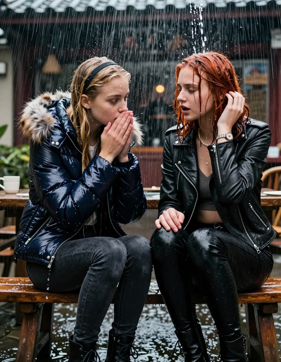 photo of young woman, in soaking wet, drenched clothes,
, Dark skinny jeans, Moncler shiny puffer down jacket with fur, Open jacket, tight v-neck sweater belly free, shoulderbag, pearl necklace, bracelet, wristwatch, Behind view: stream of rainwater, 
enjoying, wet clothes stuck to body,
detailed textures of the wet clothes, wet face, wet plastered hair,
wet, drenched, professional, high-quality details, full body view.
sharp focus, ultra-high pixel detail, realistic, high-quality, full colors, incredibly detailed, 4k, 8k, 16k, hyper-realistic, RAW photo, masterpiece, ultra-detailed, professionally color graded, professional photograph, two 15-year-old teenage girl sitting in an Outdoor Chinese-Restaurant under a heavy, concentrated stream of rainwater pouring off the edge of a building roof. The girls look at each other, letting the water drench her hair so it is glued flat against her head and body. One has blonde Sleek  straight long hair with hairband, one has an auburn collarbone bob, completely  saturated and dripping wet hair, with water cascading down her face and neck, creating an astonished expression. One hold her hands over her mouth and nose. One hold her hand on her fotehead. One Girl wears a moncler shiny puffer down jacket with fur, skinny jeans and boots. One a biker leatherjacket with Black leatherleggings and ankle boots. The lighting is bright and cinematic, highlighting the glistening water droplets on her skin and the saturated texture of her  casual clothes.  Closed eyes. 
her clothing is soaking wet and clinging tightly to her skin, showing heavy wet folds, darkened fabric texture, and deep water-saturated Patches, her clothes are heavy from the water, water runs from her body and her clothes in streams. A lot of water also runs out of her clothes. Her clothes are darkened by the water. 
hyper-realistic wetness, high-contrast water sheen, sharp focus, 16k resolution, professional photography, realistic water physics., wet skin, wet clothes, damp fabric, wet skin, wet clothes, damp fabric, wet skin, wet clothes, damp fabric, wet skin, wet clothes, damp fabric, wet skin, wet clothes, damp fabric