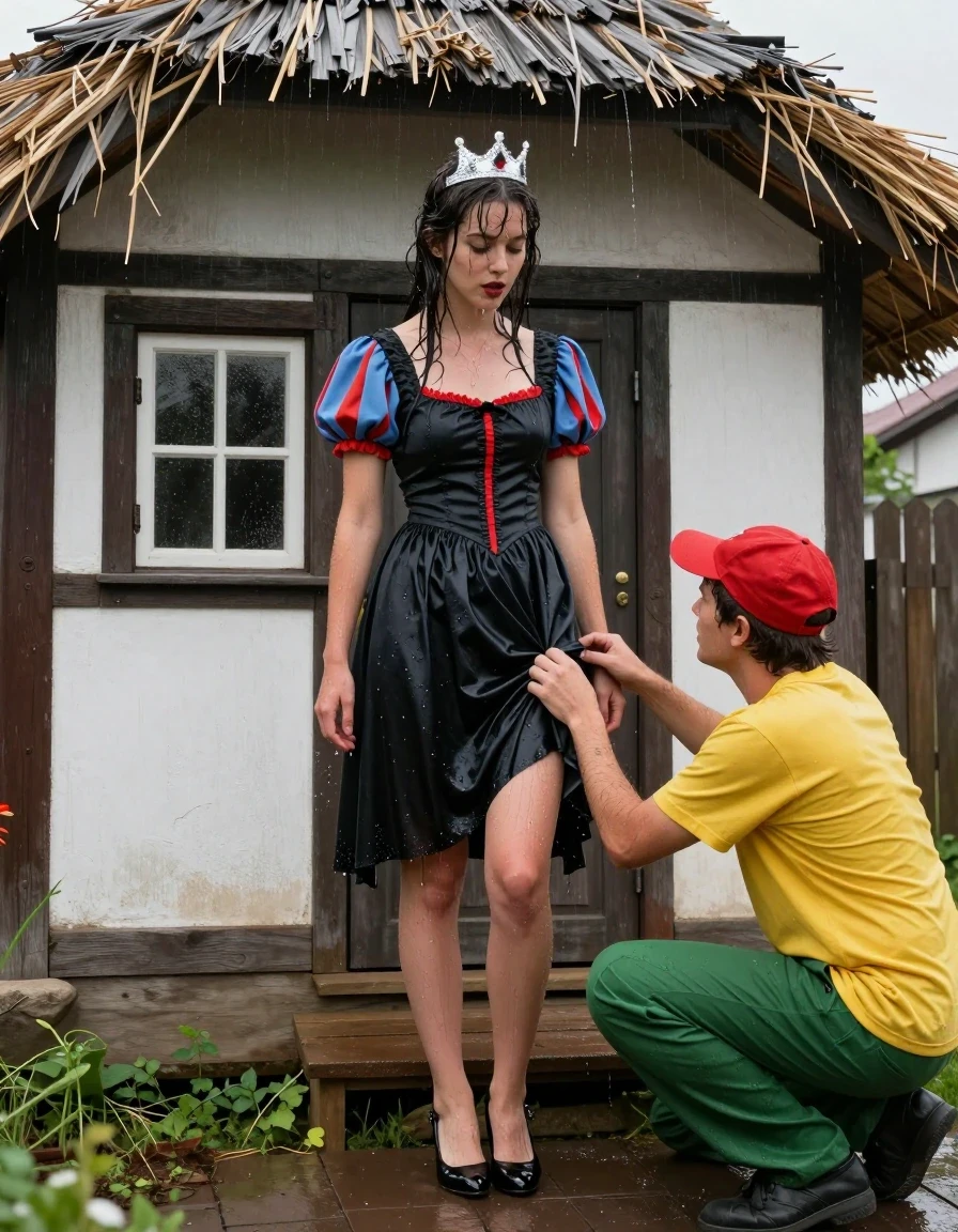 photo of young woman, in soaking wet, drenched clothes,
Schwarze Pumps, Schneewittchen Kleid aus Satin, Kleines Fachwerkhaus mit einem Strohgedeckten Dach und Sprossenfenster, 
enjoying, wet clothes stuck to body,
detailed textures of the wet clothes, wet face, wet plastered hair,
wet, drenched, professional, high-quality details, full body view.
sharp focus, ultra-high pixel detail, realistic, high-quality, full colors, incredibly detailed, 4k, 8k, 16k, hyper-realistic, RAW photo, masterpiece, ultra-detailed, professionally color graded, professional photograph, Fotorealistische Ganzkörperaufnahme eines jungen Mädchens vor einem kleinen Fachwerkhaus mit Sprossenfenster und einem strohgedeckten Dach, das Mädchen hat schwarze lange Haare und einen rot geschminkten Mund, auf dem Kopf trägt sie eine silberne kleine Krone, sie trägt ein langes Schneewittchen Kleid aus Chiffon mit Puffärmeln, es regnet stark und ihre Kleidung ist völlig durchnässt, ihr Rock klebt ihr an den Beinen, vor ihr kniet ein kleiner Mann mit grüner Hose, gelben T-Shirt und einer roten Zipfelmütze, er fasst mit der Hand an ihren Rockzipfel,, wet skin, wet clothes, damp fabric, wet skin, wet clothes, damp fabric