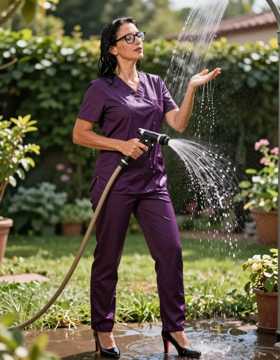photo of young woman, in soaking wet, drenched clothes,
high-heeled shoes, shiny dark purple scrubs, shiny dark puple scrubs, pouring water with the hose in sunny garden, enjoying wet clothes stuck body, enjoying, wet clothes stuck to body, 
enjoying, wet clothes stuck to body,
detailed textures of the wet clothes, wet face, wet plastered hair,
wet, drenched, professional, high-quality details, full body view.
sharp focus, ultra-high pixel detail, realistic, high-quality, full colors, incredibly detailed, 4k, 8k, 16k, hyper-realistic, RAW photo, masterpiece, ultra-detailed, professionally color graded, professional photograph, europen brunette skinny woman 50 years old, long dark black hair, office glasses, very big and thick lips, complete body, wet skin, wet clothes, damp fabric, wet skin, wet clothes, damp fabric, wet skin, wet clothes, damp fabric, wet skin, wet clothes, damp fabric, wet skin, wet clothes, damp fabric, wet skin, wet clothes, damp fabric, wet skin, wet clothes, damp fabric