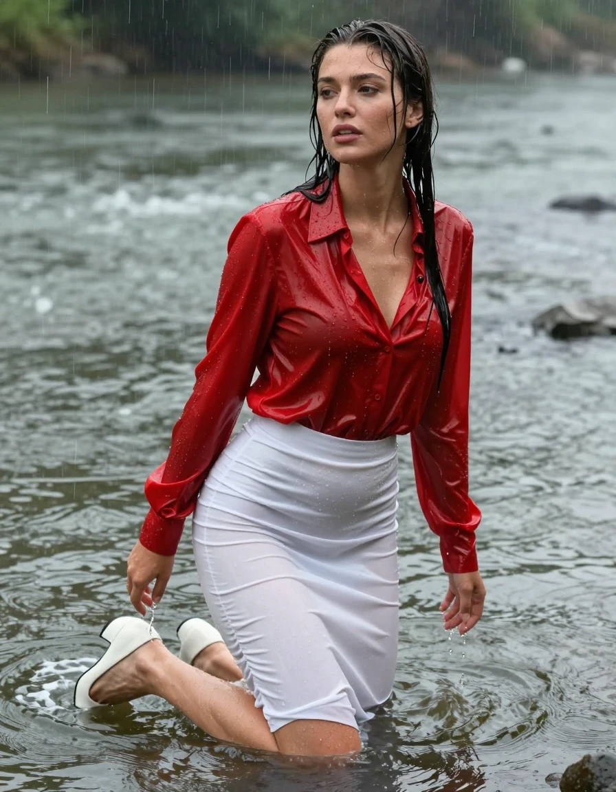 photo of young woman, in soaking wet, drenched clothes,
pumps, white tight long skirt, shiny light red blouse , long blouse, river, rain, 
enjoying, wet clothes stuck to body,
detailed textures of the wet clothes, wet face, wet plastered hair,
wet, drenched, professional, high-quality details, full body view.
sharp focus, ultra-high pixel detail, realistic, high-quality, full colors, incredibly detailed, 4k, 8k, 16k, hyper-realistic, RAW photo, masterpiece, ultra-detailed, professionally color graded, professional photograph, collar, long sleeves, long blouse, unbuttoned, 
wet hair, long hair, drenched, dripping wet, submerged, full body, wet skin, wet clothes, damp fabric