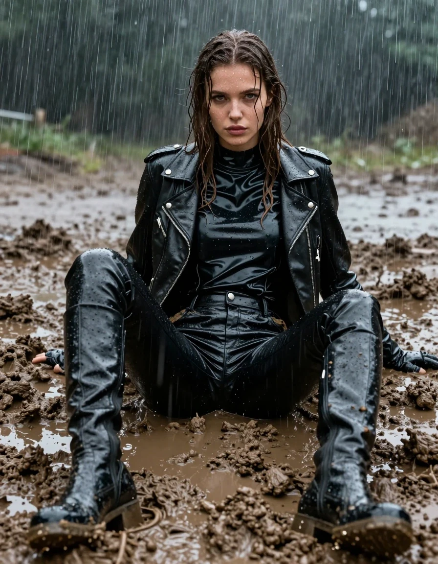 A young adult European woman with long, dripping wet brown hair, captured in a photorealistic, high-detail scene. She is wearing an oversize black vinyl polar neck shirt, a black biker leather jacket, black vinyl pants, and black leather knee-high boots, with leather gloves on both hands. All clothing is heavily drenched, exhibiting a high-gloss wet sheen, clinging to her form with realistic damp fabric textures and deep shadows in the folds. Her skin is visibly wet, glistening with water droplets and sheen. She is sitting and relaxing in a thick, dense mud pit, completely covered in layers of wet, textured mud that clings to her clothes and skin. The environment features heavy, torrential rain falling around her, creating splashes and a dark, moody atmosphere. The lighting is dramatic and natural, highlighting the contrast between the glossy wet vinyl, the matte leather, and the heavy, saturated mud. The composition is a cinematic medium shot focusing on her figure against the muddy, rain-swept background. No nudity, fully clothed, clean anatomy, realistic proportions, high-fidelity textures, 8k resolution, cinematic lighting, sharp focus.