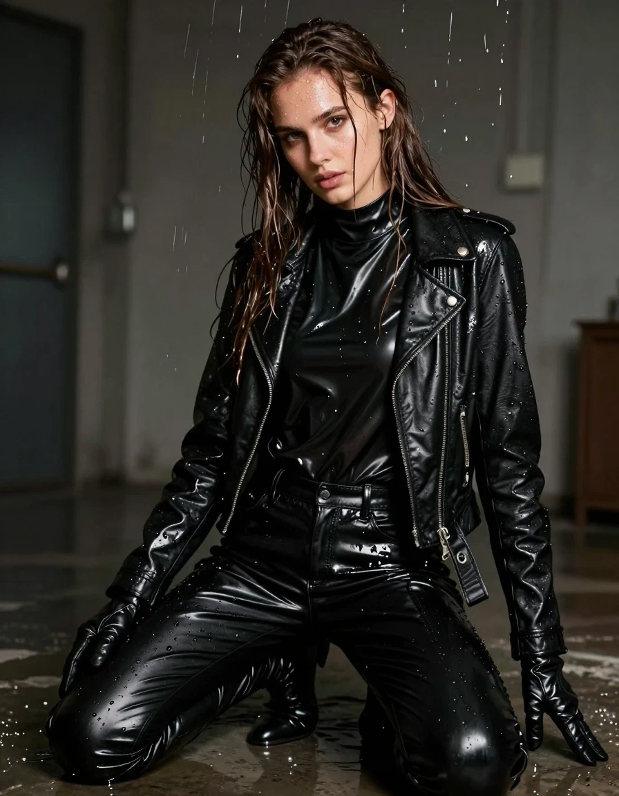 A photorealistic medium shot of a young adult European woman with long, dripping wet brown hair and glistening wet skin, kneeling in a dimly lit, atmospheric room. She is wearing an oversize black vinyl polar neck shirt, black vinyl pants, a black biker leather jacket, black leather knee-high boots, and leather gloves on both hands. Her clothes are visibly drenched and clinging to her body, with dark, heavy wet fabric folds, water sheen, and light reflecting off the slick, glossy vinyl and leather textures. Water droplets drip from the ceiling onto her, creating a saturated, damp aesthetic. The scene is captured with sharp focus on the textures of the wet hair and clothing, emphasizing the high-contrast lighting and the realistic weight of the water-soaked materials. No nudity, clean anatomy, high-detail textures, cinematic lighting.