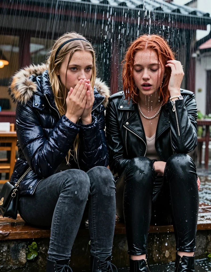 photo of young woman, in soaking wet, drenched clothes,
, Dark skinny jeans, Moncler shiny puffer down jacket with fur, Open jacket, tight v-neck sweater belly free, shoulderbag, pearl necklace, bracelet, wristwatch, Behind view: stream of rainwater, 
enjoying, wet clothes stuck to body,
detailed textures of the wet clothes, wet face, wet plastered hair,
wet, drenched, professional, high-quality details, full body view.
sharp focus, ultra-high pixel detail, realistic, high-quality, full colors, incredibly detailed, 4k, 8k, 16k, hyper-realistic, RAW photo, masterpiece, ultra-detailed, professionally color graded, professional photograph, two 15-year-old teenage girl sitting in an Outdoor Chinese-Restaurant under a heavy, concentrated stream of rainwater pouring off the edge of a building roof. The girls look at camera, letting the water drench her hair so it is glued flat against her head and body. One has blonde Sleek  straight long hair with hairband, one has an auburn collarbone bob, completely  saturated and dripping wet hair, with water cascading down her face and neck, creating an astonished expression. One hold her hands over her mouth and nose. One hold her hand on her fotehead. One Girl wears a moncler shiny puffer down jacket with fur, skinny jeans and boots. One a biker leatherjacket with Black leatherleggings and ankle boots. The lighting is bright and cinematic, highlighting the glistening water droplets on her skin and the saturated texture of her  casual clothes.  Closed eyes. 
her clothing is soaking wet and clinging tightly to her skin, showing heavy wet folds, darkened fabric texture, and deep water-saturated Patches, her clothes are heavy from the water, water runs from her body and her clothes in streams. A lot of water also runs out of her clothes. Her clothes are darkened by the water. 
hyper-realistic wetness, high-contrast water sheen, sharp focus, 16k resolution, professional photography, realistic water physics., wet skin, wet clothes, damp fabric, wet skin, wet clothes, damp fabric, wet skin, wet clothes, damp fabric, wet skin, wet clothes, damp fabric, wet skin, wet clothes, damp fabric