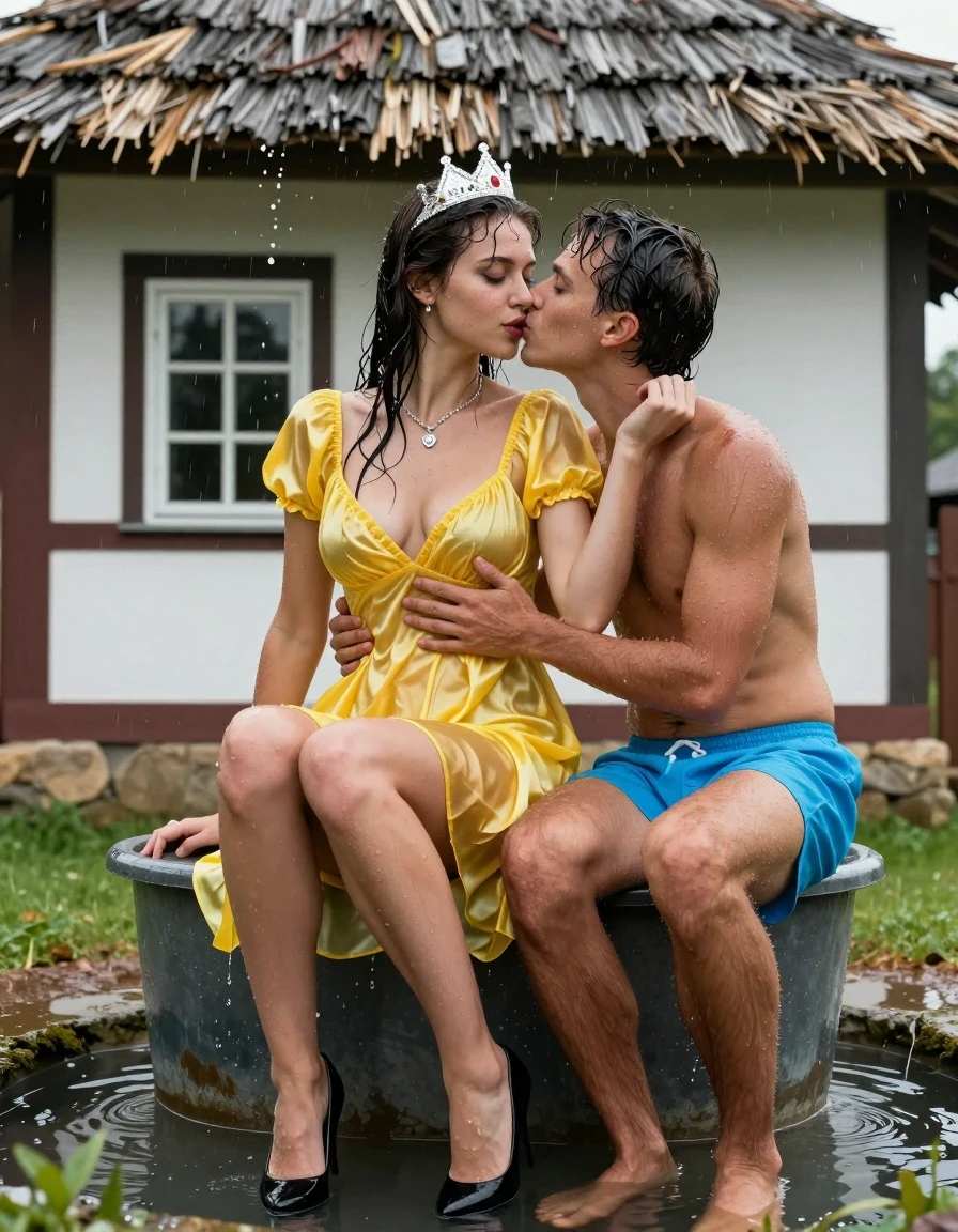 photo of young woman, in soaking wet, drenched clothes,
Schwarze Pumps, Gelbes langes Schneewittchen Kleid aus Satin, Kleines Fachwerkhaus mit einem Strohgedeckten Dach und Sprossenfenster, 
enjoying, wet clothes stuck to body,
detailed textures of the wet clothes, wet face, wet plastered hair,
wet, drenched, professional, high-quality details, full body view.
sharp focus, ultra-high pixel detail, realistic, high-quality, full colors, incredibly detailed, 4k, 8k, 16k, hyper-realistic, RAW photo, masterpiece, ultra-detailed, professionally color graded, professional photograph, Fotorealistische Ganzkörperaufnahme eines jungen Mädchens, sie sitzt vor einem kleinen Fachwerkhaus mit Sprossenfenster und einem strohgedeckten Dach bis zur Hüfte in einem mit Wasser gefüllten großen Holzbottich, das Mädchen hat schwarze lange Haare und einen rot geschminkten Mund, sie hat schöne blaue Augen, sie hat mittelgroße flache Brüste, auf dem Kopf trägt sie eine silberne kleine Krone, um den Hals trägt sie eine silberne Halskette, sie trägt ein langes gelbes Schneewittchen Kleid aus Chiffon mit Puffärmeln, es regnet stark und ihr Kleid ist völlig durchnässt, ihre Brüste sind durch den dünnen und transparenten Stoff ihres Kleides gut sichtbar, ihr Rock klebt ihr an den Beinen, Wasser läuft aus ihrem Rock, neben ihr im Holzbottich sitzt ein junger Mann mit nacktem Oberkörper und einer kurzen hellblauen Shorts, sie drückt ihn fest an sich und umarmt ihn liebevoll, er fasst ihr an die Brust, sie küsst ihn genussvoll auf dem Mund., wet skin, wet clothes, damp fabric