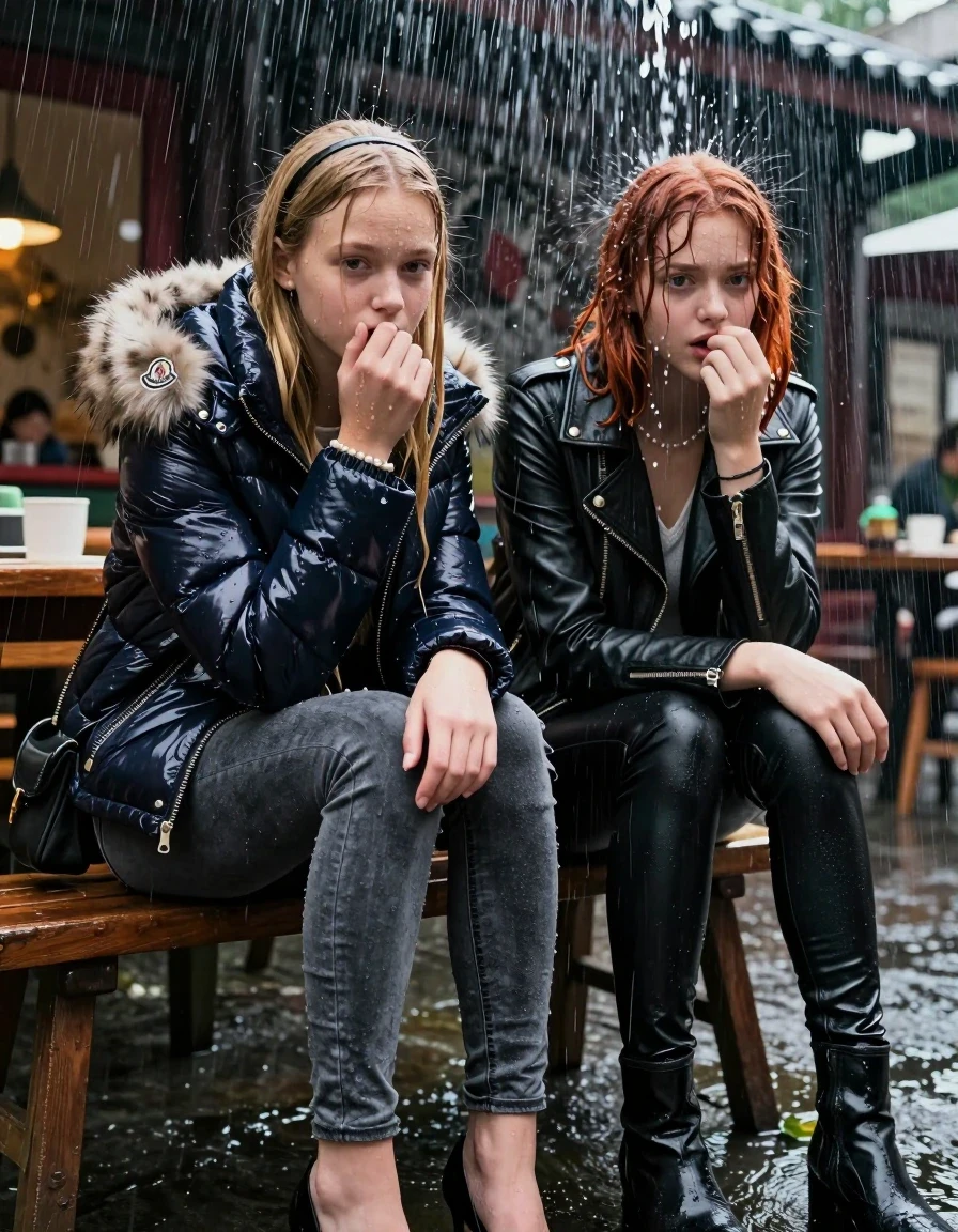photo of young woman, in soaking wet, drenched clothes,
, Dark skinny jeans, Moncler shiny puffer down jacket with fur, Open jacket, tight v-neck sweater belly free, shoulderbag, pearl necklace, bracelet, wristwatch, Behind view: stream of rainwater, 
enjoying, wet clothes stuck to body,
detailed textures of the wet clothes, wet face, wet plastered hair,
wet, drenched, professional, high-quality details, full body view.
sharp focus, ultra-high pixel detail, realistic, high-quality, full colors, incredibly detailed, 4k, 8k, 16k, hyper-realistic, RAW photo, masterpiece, ultra-detailed, professionally color graded, professional photograph, two 15-year-old teenage girl sitting in an Outdoor Chinese-Restaurant under a heavy, concentrated stream of rainwater pouring off the edge of a building roof. The girls look at camera, letting the water drench her hair so it is glued flat against her head and body. One has blonde Sleek  straight long hair with hairband, one has an auburn collarbone bob, completely  saturated and dripping wet hair, with water cascading down her face and neck, worried expression. One hold her hand over her mouth. One hold her hand over her nose. One Girl wears a moncler shiny puffer down jacket with fur, grey skinny jeans and black heels. One a biker leatherjacket with Black leatherleggings and ankle boots. Open mouth, big eyes. The lighting is bright and cinematic, highlighting the glistening water droplets on her skin and the saturated texture of her  casual clothes. 
her clothing is soaking wet and clinging tightly to her skin, showing heavy wet folds, darkened fabric texture, and deep water-saturated Patches, her clothes are heavy from the water, water runs from her body and her clothes in streams. A lot of water also runs out of her clothes. Her clothes are darkened by the water. 
hyper-realistic wetness, high-contrast water sheen, sharp focus, 16k resolution, professional photography, realistic water physics., wet skin, wet clothes, damp fabric, wet skin, wet clothes, damp fabric, wet skin, wet clothes, damp fabric, wet skin, wet clothes, damp fabric, wet skin, wet clothes, damp fabric