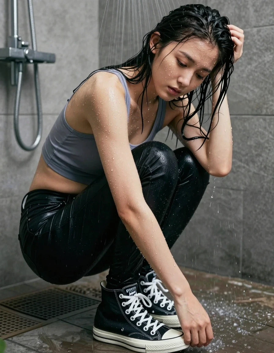 photo of young woman, in soaking wet, drenched clothes,
converse, black skinny jeans, crop top, shower, 
enjoying, wet clothes stuck to body,
detailed textures of the wet clothes, wet face, wet plastered hair,
wet, drenched, professional, high-quality details, full body view.
sharp focus, ultra-high pixel detail, realistic, high-quality, full colors, incredibly detailed, 4k, 8k, 16k, hyper-realistic, RAW photo, masterpiece, ultra-detailed, professionally color graded, professional photograph, asian, wet skin, wet clothes, damp fabric