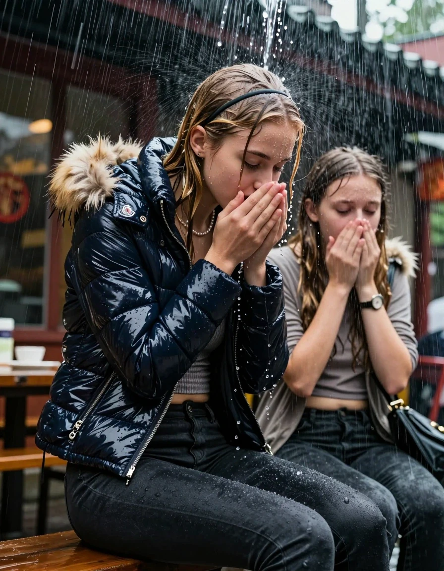 photo of young woman, in soaking wet, drenched clothes,
, Dark skinny jeans, Moncler shiny puffer down jacket with fur, Open jacket, tight v-neck sweater belly free, shoulderbag, pearl necklace, bracelet, wristwatch, Behind view: stream of rainwater, 
enjoying, wet clothes stuck to body,
detailed textures of the wet clothes, wet face, wet plastered hair,
wet, drenched, professional, high-quality details, full body view.
sharp focus, ultra-high pixel detail, realistic, high-quality, full colors, incredibly detailed, 4k, 8k, 16k, hyper-realistic, RAW photo, masterpiece, ultra-detailed, professionally color graded, professional photograph, two 15-year-old teenage girl sitting in an Outdoor Chinese-Restaurant under a heavy, concentrated stream of rainwater pouring off the edge of a building roof. She is tilting her head down, letting the water drench her hair so it is glued flat against her head and body. She has blonde Sleek  straight long hair with hairband, completely saturated and dripping wet hair, with water cascading down her face and neck, creating an astonished expression. She hold her hands over her mouth and nose. The lighting is bright and cinematic, highlighting the glistening water droplets on her skin and the saturated texture of her  casual clothes.  Closed eyes. 
her clothing is soaking wet and clinging tightly to her skin, showing heavy wet folds, darkened fabric texture, and deep water-saturated Patches, her clothes are heavy from the water, water runs from her body and her clothes in streams. A lot of water also runs out of her clothes. Her clothes are darkened by the water. 
hyper-realistic wetness, high-contrast water sheen, sharp focus, 16k resolution, professional photography, realistic water physics., wet skin, wet clothes, damp fabric, wet skin, wet clothes, damp fabric, wet skin, wet clothes, damp fabric, wet skin, wet clothes, damp fabric, wet skin, wet clothes, damp fabric