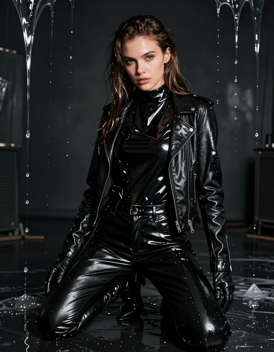 A photorealistic portrait of a young adult European woman with long, dripping wet brown hair, kneeling in a dark, atmospheric room. She is drenched in thick, viscous slime that drips from the ceiling, coating her skin and clothing in a heavy, glistening sheen. She wears an oversize black vinyl polar neck shirt, black vinyl pants, and a black biker-style leather jacket, all clinging to her body with realistic heavy wet folds and a high-gloss, light-reflecting finish. She wears black leather gloves on both hands and black leather knee-high boots. The entire scene emphasizes wetness: damp fabric, saturated textures, and slime-slicked skin. The lighting highlights the glossy, wet surfaces of the vinyl and leather, creating sharp specular reflections. The environment is dark and industrial, with slime trails visible on the walls and floor. High-detail photography, 8k, sharp focus, cinematic lighting, no nudity, modest attire throughout.