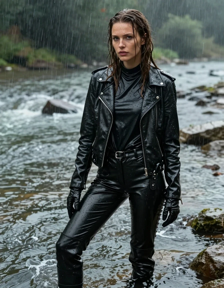 A photorealistic medium shot of a young adult European woman with long dripping wet brown hair, standing while relaxing in a shallow river during a heavy rainstorm. She is wearing an oversize black vinyl polar neck shirt, a black biker leather jacket, black vinyl pants, black leather knee-high boots, and leather gloves on both hands. Her skin is visibly wet with a natural water sheen, and her clothing is heavily drenched, featuring deep, dark tones, water-saturated surfaces, clinging fabric, and realistic heavy wet folds. The environment is a natural riverbed with pouring rain creating ripples and splashes. The lighting is moody and cinematic, emphasizing the glossy specular highlights on the wet vinyl and leather textures. The image is captured with high-detail photographic clarity, focusing on the texture of the soaked materials and the wet skin, while maintaining modest, fully-clothed, and non-nude representation throughout.