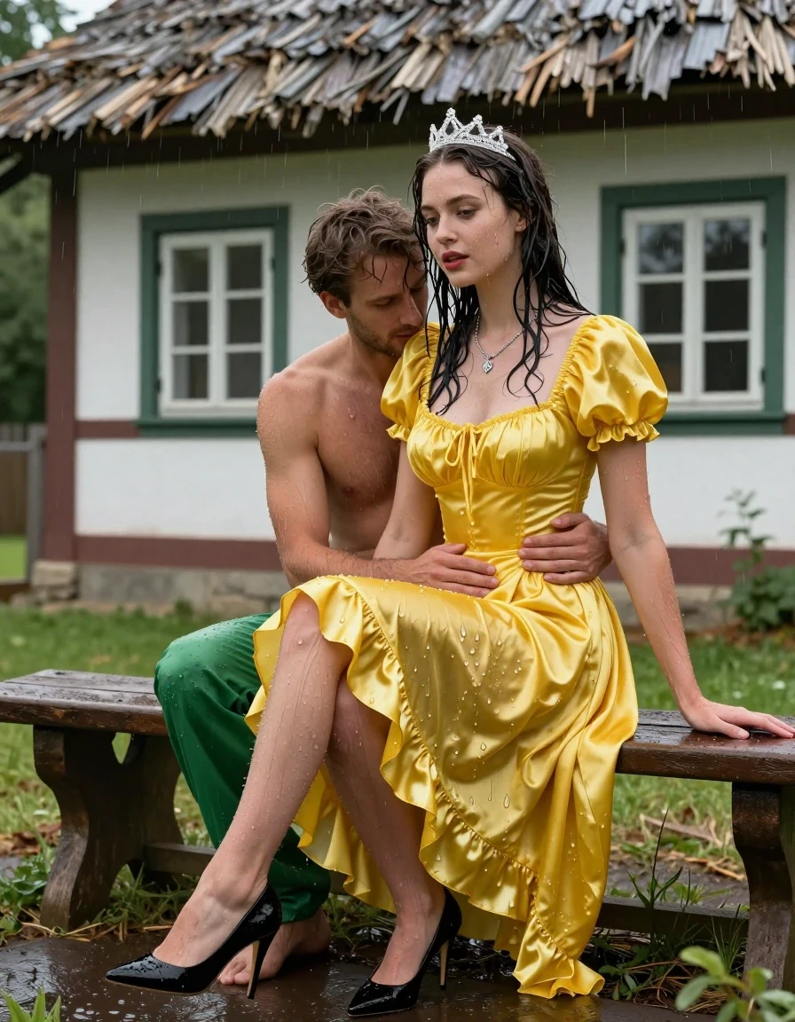 photo of young woman, in soaking wet, drenched clothes,
Schwarze Pumps, Gelbes Schneewittchen Kleid aus Satin, Kleines Fachwerkhaus mit einem Strohgedeckten Dach und Sprossenfenster, 
enjoying, wet clothes stuck to body,
detailed textures of the wet clothes, wet face, wet plastered hair,
wet, drenched, professional, high-quality details, full body view.
sharp focus, ultra-high pixel detail, realistic, high-quality, full colors, incredibly detailed, 4k, 8k, 16k, hyper-realistic, RAW photo, masterpiece, ultra-detailed, professionally color graded, professional photograph, Fotorealistische Ganzkörperaufnahme eines jungen Mädchens, sie sitzt auf einer alten Holzbank vor einem kleinen Fachwerkhaus mit Sprossenfenster und einem strohgedeckten Dach, das Mädchen hat schwarze lange Haare und einen rot geschminkten Mund, sie hat schöne blaue Augen, sie hat mittelgroße Brüste, auf dem Kopf trägt sie eine silberne kleine Krone, um den Hals trägt sie eine silberne Halskette, sie trägt ein langes gelbes Schneewittchen Kleid aus Chiffon mit Puffärmeln, es regnet stark und ihre Kleidung ist völlig durchnässt, ihre Brüste sind durch den dünnen Stoff ihres Kleides leicht sichtbar, ihr Rock klebt ihr an den Beinen, Wasser läuft aus ihrem Rock, auf ihr sitzt ein jungen Mann mit nackten Oberkörper und einer kurzen grünen Hose und nacktem Oberkörper und umarmt ihn liebevoll, er legt seine Hände in ihrem Schoss, sie schaut ihn sinnlich an., wet skin, wet clothes, damp fabric