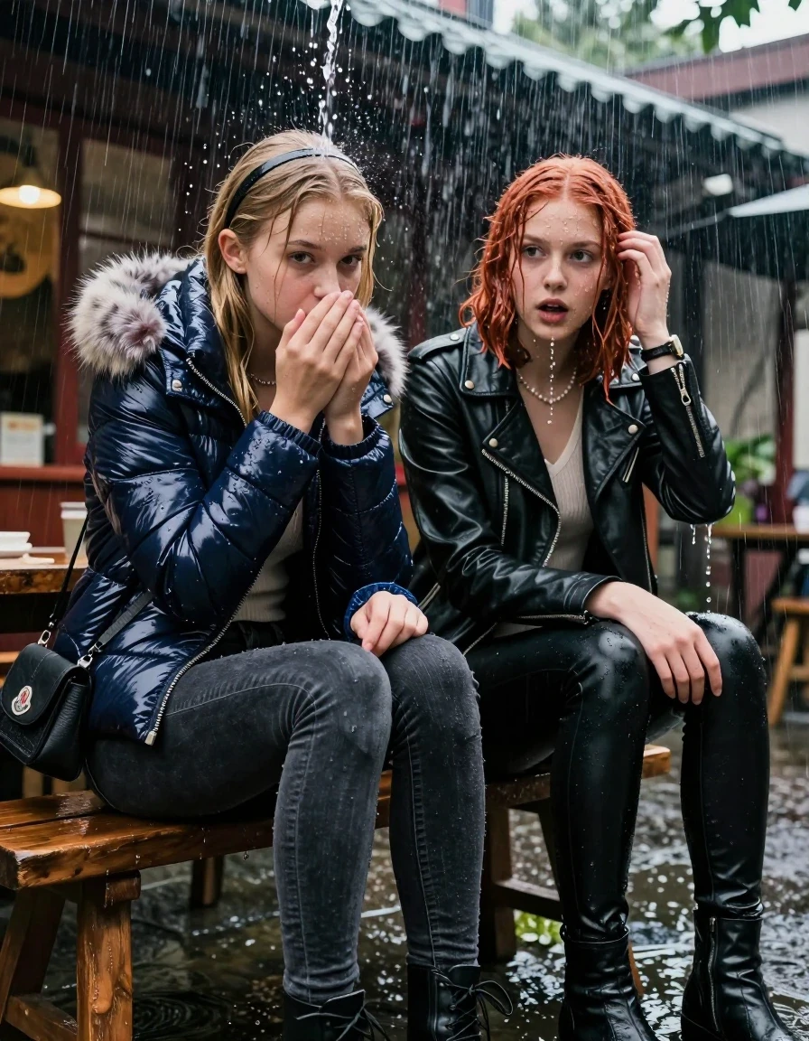 photo of young woman, in soaking wet, drenched clothes,
, Dark skinny jeans, Moncler shiny puffer down jacket with fur, Open jacket, tight v-neck sweater belly free, shoulderbag, pearl necklace, bracelet, wristwatch, Behind view: stream of rainwater, 
enjoying, wet clothes stuck to body,
detailed textures of the wet clothes, wet face, wet plastered hair,
wet, drenched, professional, high-quality details, full body view.
sharp focus, ultra-high pixel detail, realistic, high-quality, full colors, incredibly detailed, 4k, 8k, 16k, hyper-realistic, RAW photo, masterpiece, ultra-detailed, professionally color graded, professional photograph, two 15-year-old teenage girl sitting in an Outdoor Chinese-Restaurant under a heavy, concentrated stream of rainwater pouring off the edge of a building roof. The girls look at camera, letting the water drench her hair so it is glued flat against her head and body. One has blonde Sleek  straight long hair with hairband, one has an auburn collarbone bob, completely  saturated and dripping wet hair, with water cascading down her face and neck, creating an astonished expression. One hold her hands over her mouth and nose. One hold her hand on her fotehead. One Girl wears a moncler shiny puffer down jacket with fur, skinny jeans and boots. One a biker leatherjacket with Black leatherleggings and ankle boots. The lighting is bright and cinematic, highlighting the glistening water droplets on her skin and the saturated texture of her  casual clothes. 
her clothing is soaking wet and clinging tightly to her skin, showing heavy wet folds, darkened fabric texture, and deep water-saturated Patches, her clothes are heavy from the water, water runs from her body and her clothes in streams. A lot of water also runs out of her clothes. Her clothes are darkened by the water. 
hyper-realistic wetness, high-contrast water sheen, sharp focus, 16k resolution, professional photography, realistic water physics., wet skin, wet clothes, damp fabric, wet skin, wet clothes, damp fabric, wet skin, wet clothes, damp fabric, wet skin, wet clothes, damp fabric, wet skin, wet clothes, damp fabric