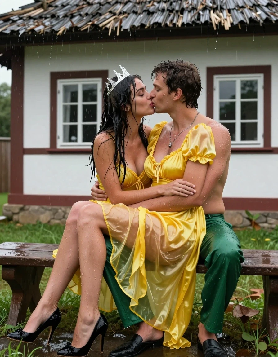 photo of young woman, in soaking wet, drenched clothes,
Schwarze Pumps, Gelbes Schneewittchen Kleid aus Satin, Kleines Fachwerkhaus mit einem Strohgedeckten Dach und Sprossenfenster, 
enjoying, wet clothes stuck to body,
detailed textures of the wet clothes, wet face, wet plastered hair,
wet, drenched, professional, high-quality details, full body view.
sharp focus, ultra-high pixel detail, realistic, high-quality, full colors, incredibly detailed, 4k, 8k, 16k, hyper-realistic, RAW photo, masterpiece, ultra-detailed, professionally color graded, professional photograph, Fotorealistische Ganzkörperaufnahme eines jungen Mädchens, sie sitzt auf einer alten Holzbank vor einem kleinen Fachwerkhaus mit Sprossenfenster und einem strohgedeckten Dach, das Mädchen hat schwarze lange Haare und einen rot geschminkten Mund, sie hat schöne blaue Augen, sie hat mittelgroße Brüste, auf dem Kopf trägt sie eine silberne kleine Krone, um den Hals trägt sie eine silberne Halskette, sie trägt ein langes gelbes Schneewittchen Kleid aus Chiffon mit Puffärmeln, es regnet stark und ihre Kleidung ist völlig durchnässt, ihre Brüste sind durch den dünnen und transparenten Stoff ihres Kleides gut sichtbar, ihr Rock klebt ihr an den Beinen, Wasser läuft aus ihrem Rock, auf ihr sitzt ein jungen Mann mit nackten Oberkörper und einer kurzen grünen Hose und nacktem Oberkörper und umarmt ihn liebevoll, sie küsst ihn leidenschaftlich., wet skin, wet clothes, damp fabric
