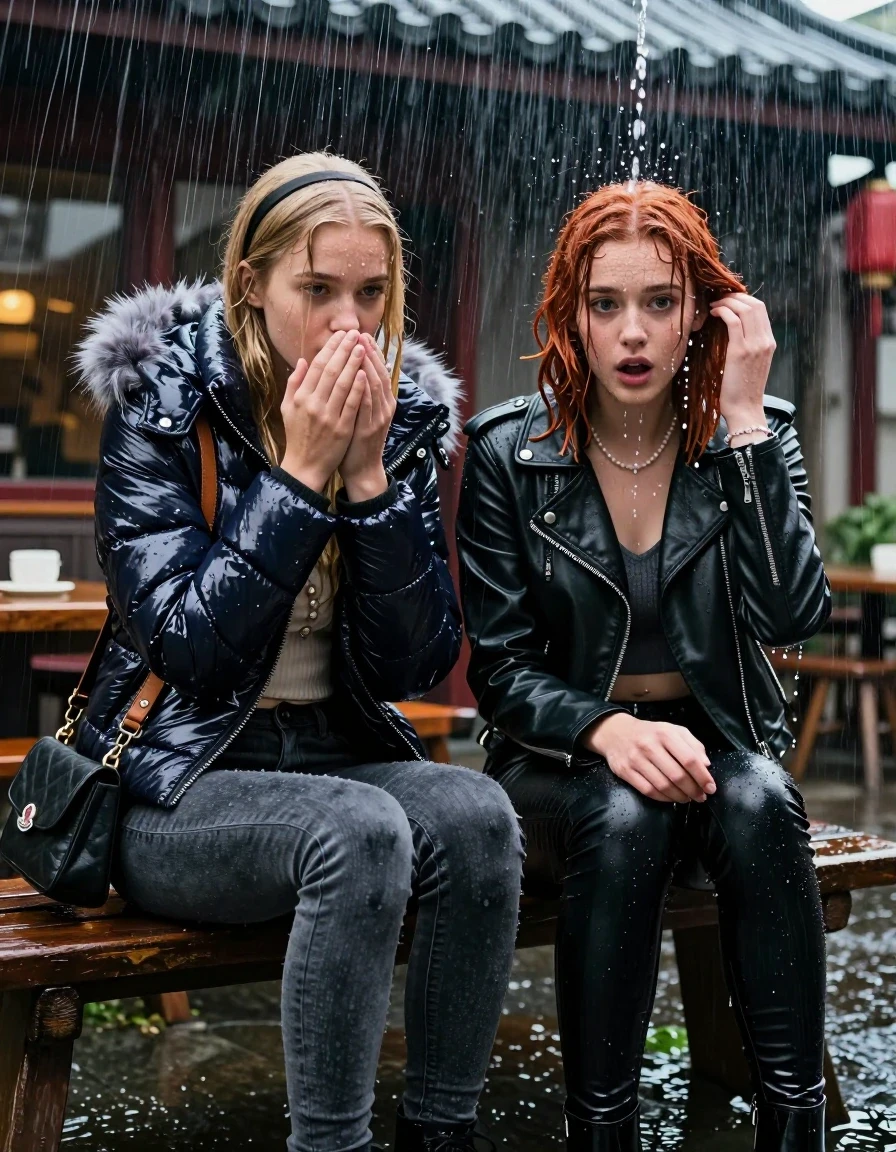 photo of young woman, in soaking wet, drenched clothes,
, Dark skinny jeans, Moncler shiny puffer down jacket with fur, Open jacket, tight v-neck sweater belly free, shoulderbag, pearl necklace, bracelet, wristwatch, Behind view: stream of rainwater, 
enjoying, wet clothes stuck to body,
detailed textures of the wet clothes, wet face, wet plastered hair,
wet, drenched, professional, high-quality details, full body view.
sharp focus, ultra-high pixel detail, realistic, high-quality, full colors, incredibly detailed, 4k, 8k, 16k, hyper-realistic, RAW photo, masterpiece, ultra-detailed, professionally color graded, professional photograph, two 15-year-old teenage girl sitting in an Outdoor Chinese-Restaurant under a heavy, concentrated stream of rainwater pouring off the edge of a building roof. The girls look at camera, letting the water drench her hair so it is glued flat against her head and body. One has blonde Sleek  straight long hair with hairband, one has an auburn collarbone bob, completely  saturated and dripping wet hair, with water cascading down her face and neck, surprise and astonished expression. One hold her hands over her mouth and nose. One hold her hand on her fotehead. One Girl wears a moncler shiny puffer down jacket with fur, grey skinny jeans and boots. One a biker leatherjacket with Black leatherleggings and ankle boots. The lighting is bright and cinematic, highlighting the glistening water droplets on her skin and the saturated texture of her  casual clothes. 
her clothing is soaking wet and clinging tightly to her skin, showing heavy wet folds, darkened fabric texture, and deep water-saturated Patches, her clothes are heavy from the water, water runs from her body and her clothes in streams. A lot of water also runs out of her clothes. Her clothes are darkened by the water. 
hyper-realistic wetness, high-contrast water sheen, sharp focus, 16k resolution, professional photography, realistic water physics., wet skin, wet clothes, damp fabric, wet skin, wet clothes, damp fabric, wet skin, wet clothes, damp fabric, wet skin, wet clothes, damp fabric, wet skin, wet clothes, damp fabric