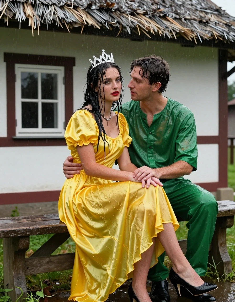 photo of young woman, in soaking wet, drenched clothes,
Schwarze Pumps, Gelbes Schneewittchen Kleid aus Satin, Kleines Fachwerkhaus mit einem Strohgedeckten Dach und Sprossenfenster, 
enjoying, wet clothes stuck to body,
detailed textures of the wet clothes, wet face, wet plastered hair,
wet, drenched, professional, high-quality details, full body view.
sharp focus, ultra-high pixel detail, realistic, high-quality, full colors, incredibly detailed, 4k, 8k, 16k, hyper-realistic, RAW photo, masterpiece, ultra-detailed, professionally color graded, professional photograph, Fotorealistische Ganzkörperaufnahme eines jungen Mädchens, sie sitzt auf einer alten Holzbank vor einem kleinen Fachwerkhaus mit Sprossenfenster und einem strohgedeckten Dach, das Mädchen hat schwarze lange Haare und einen rot geschminkten Mund, sie hat schöne blaue Augen, auf dem Kopf trägt sie eine silberne kleine Krone, um den Hals trägt sie eine silberne Halskette, sie trägt ein langes gelbes Schneewittchen Kleid aus Chiffon mit Puffärmeln, es regnet stark und ihre Kleidung ist völlig durchnässt, ihr Rock klebt ihr an den Beinen, Wasser läuft aus ihrem Rock, sie hat einen jungen Mann mit kurzer grüner Hose und nacktem Oberkörper auf ihrem Schoss sitzen und umarmt ihn liebevoll, sie lächelt den jungen Mann freundlich an, der junge Mann legt eine Hand auf ihr Knie., wet skin, wet clothes, damp fabric