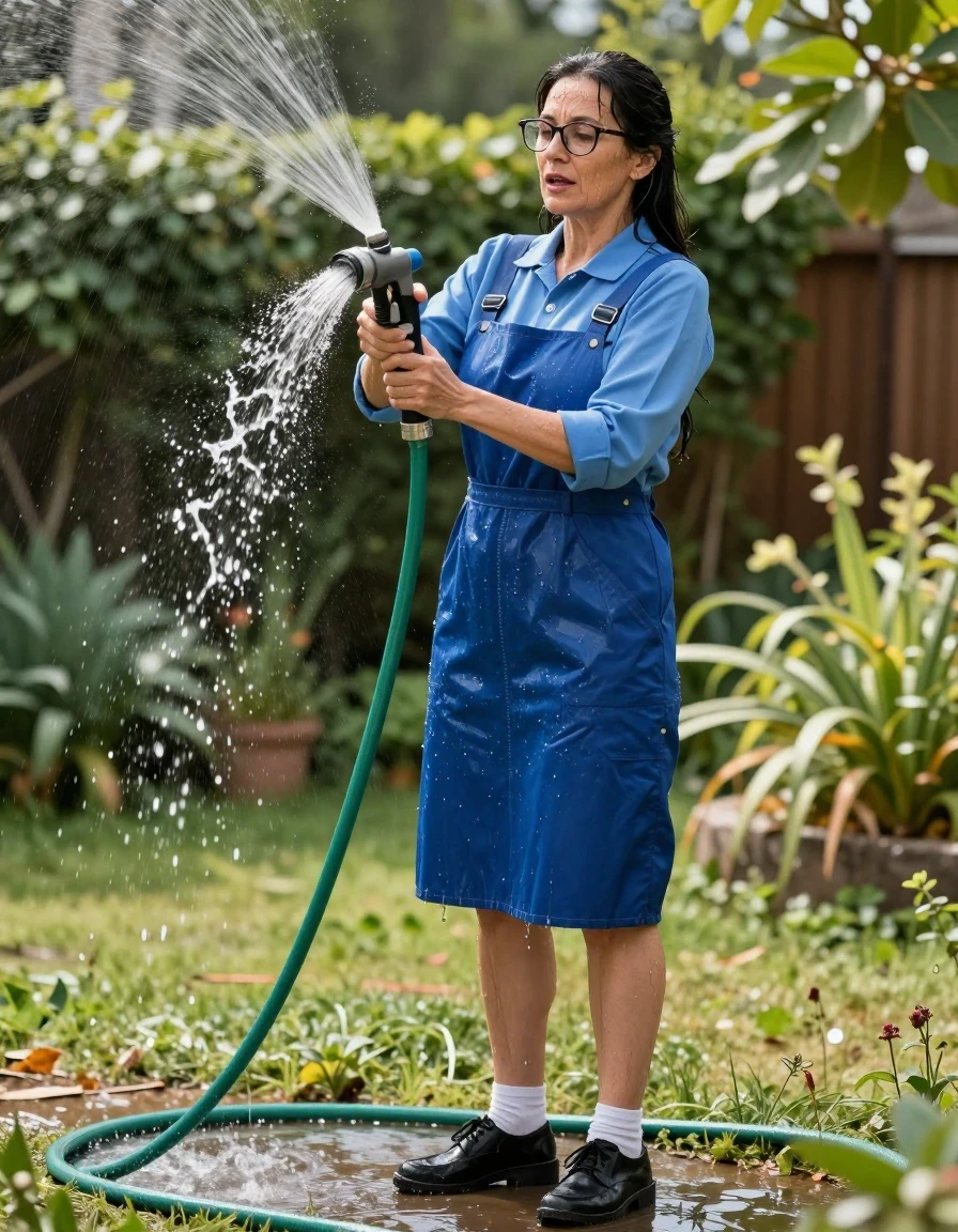 photo of young woman, in soaking wet, drenched clothes,
black shoes, white socks, midi blue school pinafore with wide straps to wear over a blue long-sleeved shirt, midi blue school pinafore with wide straps to wear over a blue long-sleeved shirt, pouring water with the hose in sunny garden, enjoying wet clothes stuck body, enjoying, wet clothes stuck to body, 
enjoying, wet clothes stuck to body,
detailed textures of the wet clothes, wet face, wet plastered hair,
wet, drenched, professional, high-quality details, full body view.
sharp focus, ultra-high pixel detail, realistic, high-quality, full colors, incredibly detailed, 4k, 8k, 16k, hyper-realistic, RAW photo, masterpiece, ultra-detailed, professionally color graded, professional photograph, europen brunette skinny woman 50 years old, long dark black hair, office glasses, very big and thick lips, complete body, wet skin, wet clothes, damp fabric, wet skin, wet clothes, damp fabric, wet skin, wet clothes, damp fabric, wet skin, wet clothes, damp fabric, wet skin, wet clothes, damp fabric, wet skin, wet clothes, damp fabric, wet skin, wet clothes, damp fabric