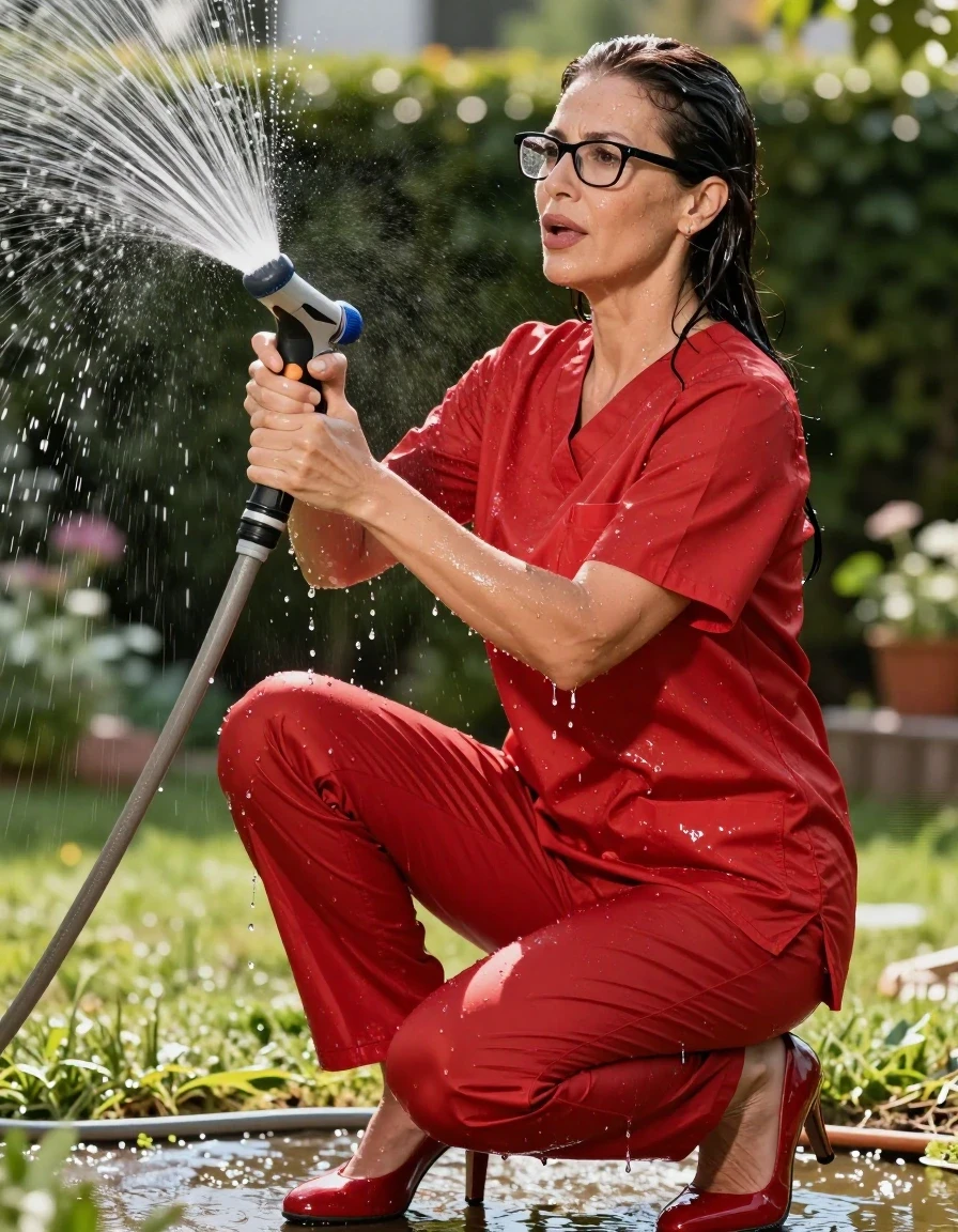 photo of young woman, in soaking wet, drenched clothes,
high-heeled shoes, shiny red scrubs, shiny red scrubs, pouring water with the hose in sunny garden, enjoying wet clothes stuck body, enjoying, wet clothes stuck to body, 
enjoying, wet clothes stuck to body,
detailed textures of the wet clothes, wet face, wet plastered hair,
wet, drenched, professional, high-quality details, full body view.
sharp focus, ultra-high pixel detail, realistic, high-quality, full colors, incredibly detailed, 4k, 8k, 16k, hyper-realistic, RAW photo, masterpiece, ultra-detailed, professionally color graded, professional photograph, europen brunette skinny woman 50 years old, long dark black hair, office glasses, very big and thick lips, complete body, wet skin, wet clothes, damp fabric, wet skin, wet clothes, damp fabric, wet skin, wet clothes, damp fabric, wet skin, wet clothes, damp fabric, wet skin, wet clothes, damp fabric, wet skin, wet clothes, damp fabric, wet skin, wet clothes, damp fabric