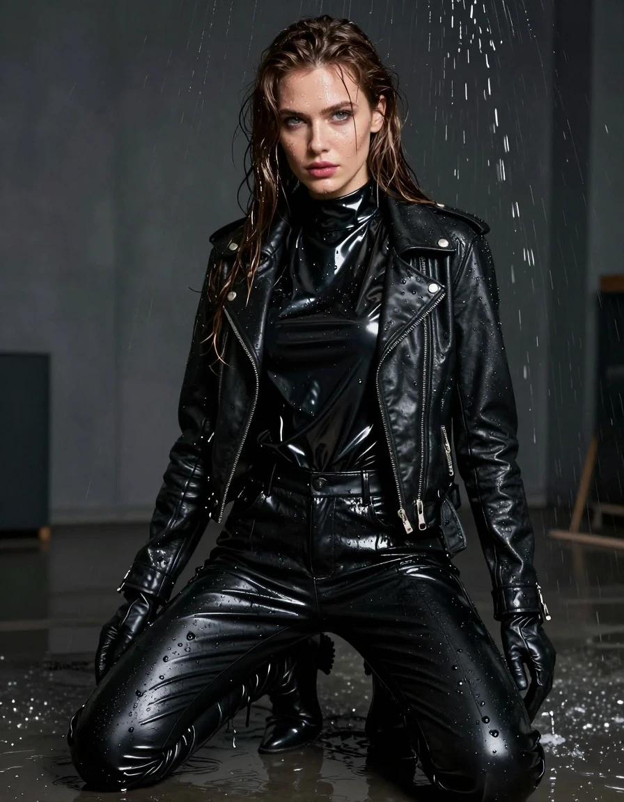 A photorealistic portrait of a young adult European woman with long, dripping wet brown hair and glistening wet skin. She is wearing an oversize black vinyl polar neck shirt, a black biker leather jacket, black vinyl pants, and black leather knee-high boots, with leather gloves on both hands. The clothing is heavily drenched, featuring deep, water-saturated tones, clinging fabric, and intense glossy specular reflections on the vinyl and leather surfaces. She is kneeling on the floor of a dim room where water is actively dripping from the ceiling. The environment is damp and moody, with water sheen visible on all surfaces. The lighting highlights the wet texture of her skin and the heavy, saturated folds of her drenched attire. High-detail photographic quality, sharp focus, cinematic lighting, fully clothed, no nudity.