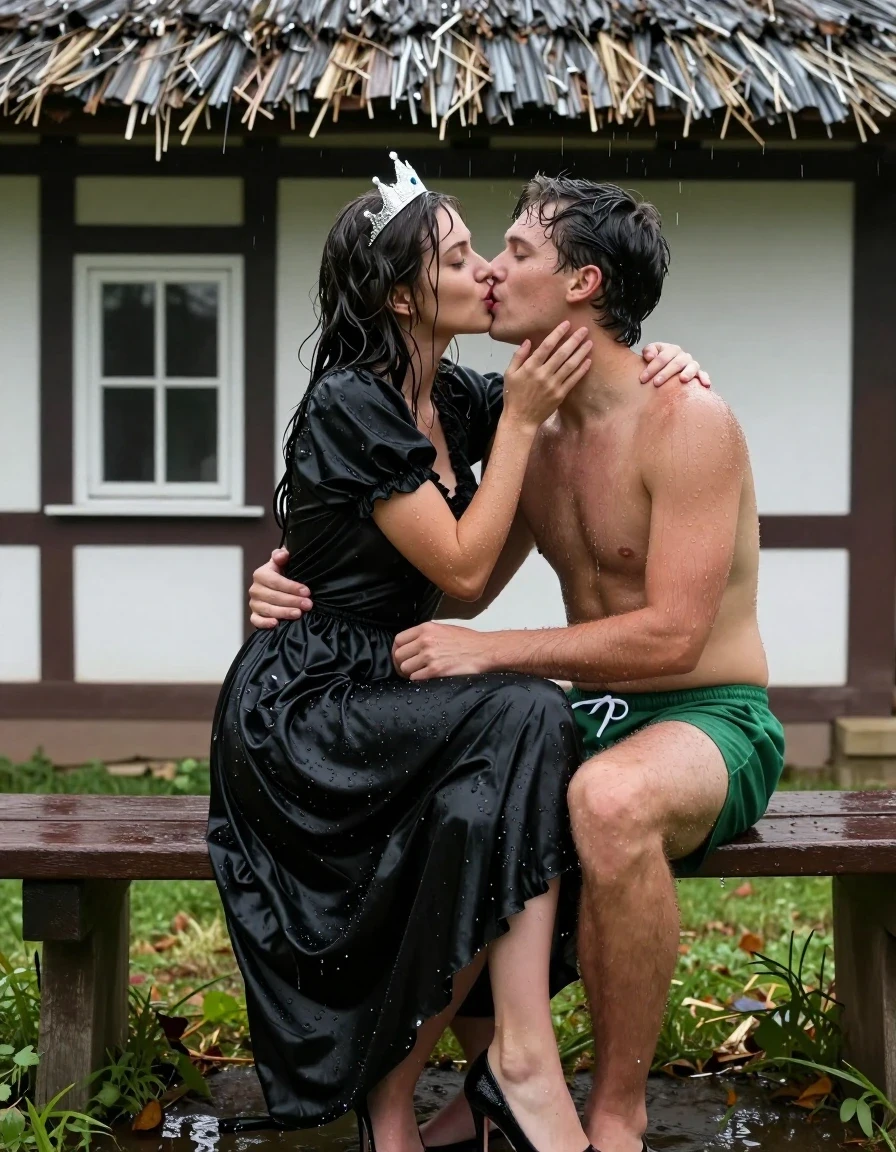 photo of young woman, in soaking wet, drenched clothes,
Schwarze Pumps, Langes Schneewittchen Kleid aus Satin, Kleines Fachwerkhaus mit einem Strohgedeckten Dach und Sprossenfenster, 
enjoying, wet clothes stuck to body,
detailed textures of the wet clothes, wet face, wet plastered hair,
wet, drenched, professional, high-quality details, full body view.
sharp focus, ultra-high pixel detail, realistic, high-quality, full colors, incredibly detailed, 4k, 8k, 16k, hyper-realistic, RAW photo, masterpiece, ultra-detailed, professionally color graded, professional photograph, Fotorealistische Ganzkörperaufnahme eines wunderschönen jungen Mädchen, sie sitzt vor einem kleinen Fachwerkhaus mit Sprossenfenster und einem strohgedeckten Dach auf einer Bank, das Mädchen hat schwarze lange Haare und einen rot geschminkten Mund, auf dem Kopf trägt sie eine silberne kleine Krone, sie hat kleine und zierliche Hände, sie trägt ein langes Schneewittchen Kleid aus Chiffon mit Puffärmeln, es regnet stark und ihre Kleidung ist völlig durchnässt, ihr Rock klebt ihr an den Beinen, neben ihr sitzt ein junger Mann mit grüner Boxershorts, nackten Oberkörper, sie sitzt rittlings auf seinem Schoß und umarmt ihn ganz eng, sie legt ihre Beine über ihn, sie küsst ihn auf den offenen Mund, wet skin, wet clothes, damp fabric, er legt seine Hand in ihren nassen Rock., wet skin, wet clothes, damp fabric