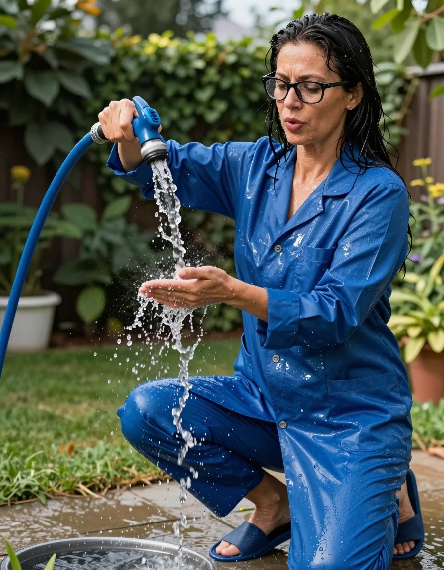 photo of young woman, in soaking wet, drenched clothes,
slippers, shiny blue labcoat, shiny blue labcoat, pouring water with the hose on labcoat in sunny garden, enjoying wet clothes stuck body, enjoying, wet clothes stuck to body, 
enjoying, wet clothes stuck to body,
detailed textures of the wet clothes, wet face, wet plastered hair,
wet, drenched, professional, high-quality details, full body view.
sharp focus, ultra-high pixel detail, realistic, high-quality, full colors, incredibly detailed, 4k, 8k, 16k, hyper-realistic, RAW photo, masterpiece, ultra-detailed, professionally color graded, professional photograph, europen brunette skinny woman 50 years old, long dark black hair, office glasses, very big and thick lips, complete body, wet skin, wet clothes, damp fabric, wet skin, wet clothes, damp fabric, wet skin, wet clothes, damp fabric, wet skin, wet clothes, damp fabric, wet skin, wet clothes, damp fabric, wet skin, wet clothes, damp fabric, wet skin, wet clothes, damp fabric