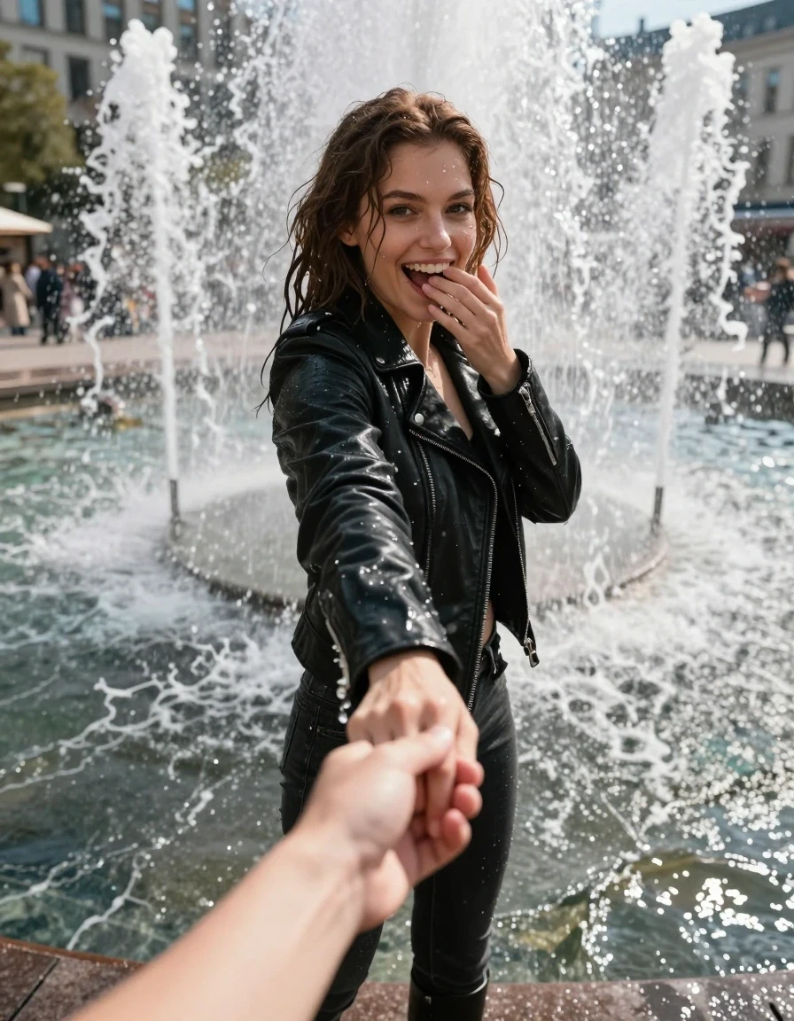 photo of young woman, in soaking wet, drenched clothes,
black biker leatherjacket, , 
enjoying, wet clothes stuck to body,
detailed textures of the wet clothes, wet face, wet plastered hair,
wet, drenched, professional, high-quality details, full body view.
sharp focus, ultra-high pixel detail, realistic, high-quality, full colors, incredibly detailed, 4k, 8k, 16k, hyper-realistic, RAW photo, masterpiece, ultra-detailed, professionally color graded, professional photograph, A high-quality, realistic vertical fashion photograph from a first-person POV perspective. The viewer's hand is being held and pulled forward by an teenage girl with shoulder-length dark auburn hair. She is walking into the center of a powerful city fountain, looking back at the viewer with a astonished, wide smile as she leads them into the cascading water jets. she holds the other hand on her mouth. She is wearing a black leatherjacket, skinny jeans and boots,  both of which are completely soaked and clinging to her skin. The scene is filled with intense water spray, mist, and splashing droplets catching the bright daylight. The focus is sharp on the woman, capturing the exhilaration of the moment, with the fountain jets creating a refreshing, cinematic atmosphere., wet skin, wet clothes, damp fabric