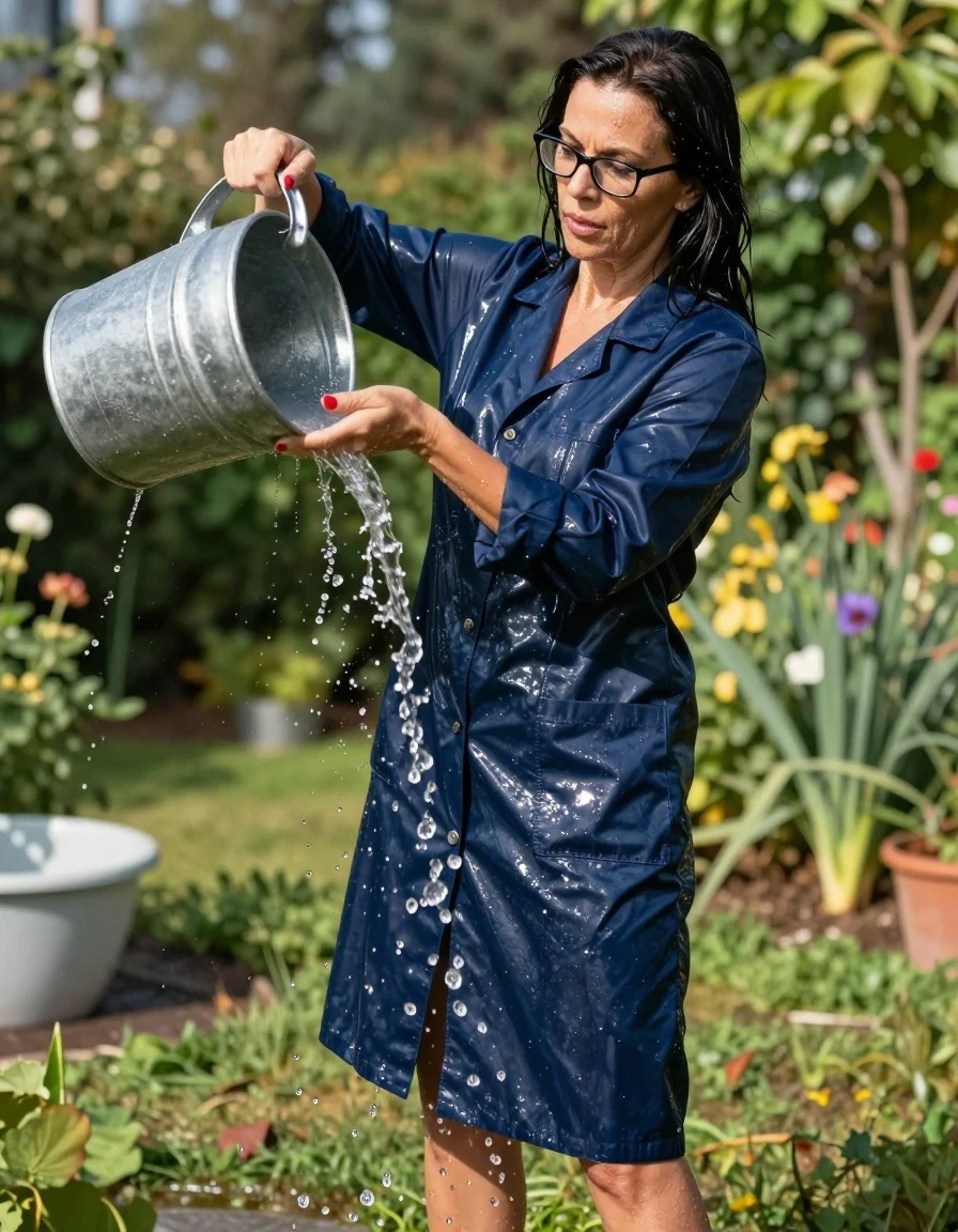 photo of young woman, in soaking wet, drenched clothes,
slippers, shiny dark blue labcoat, shiny dark blue labcoat, in sunny garden, pouring water with a bucket on labcoat, enjoying wet clothes stuck body, enjoying, wet clothes stuck to body, 
enjoying, wet clothes stuck to body,
detailed textures of the wet clothes, wet face, wet plastered hair,
wet, drenched, professional, high-quality details, full body view.
sharp focus, ultra-high pixel detail, realistic, high-quality, full colors, incredibly detailed, 4k, 8k, 16k, hyper-realistic, RAW photo, masterpiece, ultra-detailed, professionally color graded, professional photograph, europen brunette skinny woman 50 years old, long dark black hair, office glasses, very big and thick lips, complete body, wet skin, wet clothes, damp fabric, wet skin, wet clothes, damp fabric, wet skin, wet clothes, damp fabric, wet skin, wet clothes, damp fabric, wet skin, wet clothes, damp fabric, wet skin, wet clothes, damp fabric, wet skin, wet clothes, damp fabric