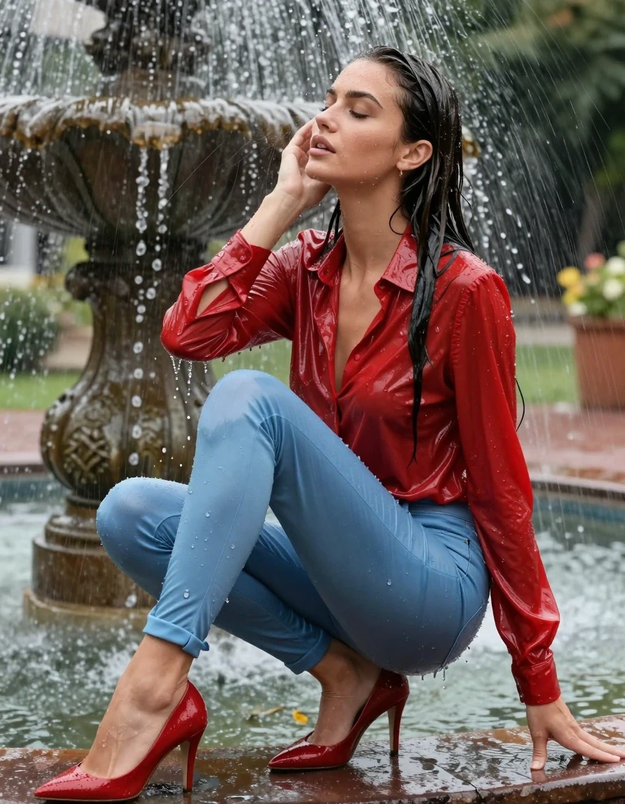 photo of young woman, in soaking wet, drenched clothes,
pumps, light blue silk tight pants, shiny light red blouse , jeans jacket, fountain, shower, 
enjoying, wet clothes stuck to body,
detailed textures of the wet clothes, wet face, wet plastered hair,
wet, drenched, professional, high-quality details, full body view.
sharp focus, ultra-high pixel detail, realistic, high-quality, full colors, incredibly detailed, 4k, 8k, 16k, hyper-realistic, RAW photo, masterpiece, ultra-detailed, professionally color graded, professional photograph, collar, long sleeves, long blouse, unbuttoned, 
wet hair, long hair, drenched, dripping wet, wet skin, wet clothes, damp fabric