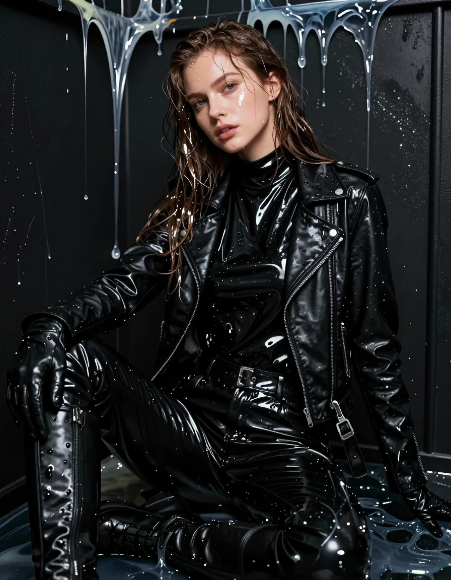 A photorealistic medium shot of a young adult European woman with long, dripping wet brown hair, skin glistening with a thick coat of viscous slime, sitting inside a dimly lit room. She is wearing an oversize black vinyl polar neck shirt, black vinyl pants, and a black biker's leather jacket, all heavily drenched and coated in thick, translucent slime. She wears black leather gloves on both hands and black leather knee-high boots. The fabric of the vinyl and leather garments clings to her body, showing deep folds and a heavy, wet sheen. Thick, viscous slime drips from the ceiling above, coating her and her clothing in a slick, reflective layer. The environment is dark and moody, with slime trails visible on the walls. High-contrast lighting highlights the wet texture of her skin, the glossy finish of the vinyl and leather, and the viscous quality of the slime. Sharp focus, 8k resolution, cinematic composition, hyper-realistic textures. Clothing is fully opaque and modest, covering the entire body.