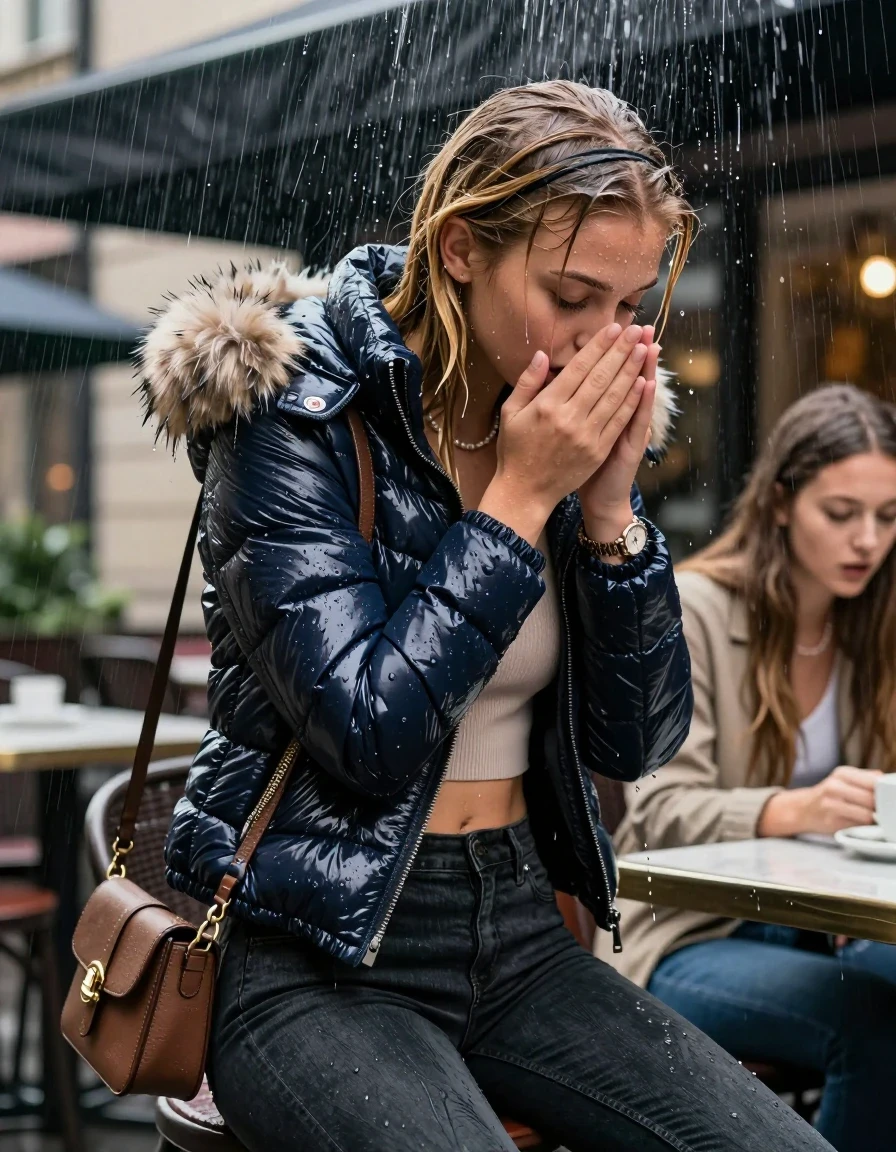 photo of young woman, in soaking wet, drenched clothes,
, Dark skinny jeans, Moncler shiny puffer down jacket with fur, Open jacket, tight v-neck sweater belly free, shoulderbag, pearl necklace, bracelet, wristwatch, stream of rainwater, 
enjoying, wet clothes stuck to body,
detailed textures of the wet clothes, wet face, wet plastered hair,
wet, drenched, professional, high-quality details, full body view.
sharp focus, ultra-high pixel detail, realistic, high-quality, full colors, incredibly detailed, 4k, 8k, 16k, hyper-realistic, RAW photo, masterpiece, ultra-detailed, professionally color graded, professional photograph, A realistic vertical fashion photograph taken from a backward, behind-the-back angle of a 15-year-old teenage girl and her friend sitting in an Outdoor Restaurant under a heavy, concentrated stream of rainwater pouring off the edge of a building roof. She is tilting her head down, letting the water drench her hair so it is glued flat against her head and body. She has blonde Sleek  straight long hair with hairband, completely saturated and dripping wet hair, with water cascading down her face and neck, creating an astonished expression. She hold her hands over her mouth and nose. The lighting is bright and cinematic, highlighting the glistening water droplets on her skin and the saturated texture of her  casual clothes.  Closed eyes. 
her clothing is soaking wet and clinging tightly to her skin, showing heavy wet folds, darkened fabric texture, and deep water-saturated Patches, her clothes are heavy from the water, water runs from her body and her clothes in streams. A lot of water also runs out of her clothes. Her clothes are darkened by the water. 
hyper-realistic wetness, high-contrast water sheen, sharp focus, 16k resolution, professional photography, realistic water physics., wet skin, wet clothes, damp fabric, wet skin, wet clothes, damp fabric, wet skin, wet clothes, damp fabric, wet skin, wet clothes, damp fabric, wet skin, wet clothes, damp fabric