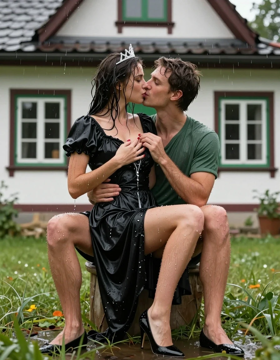 photo of young woman, in soaking wet, drenched clothes,
Schwarze Pumps, Langes Schneewittchen Kleid aus Satin, Kleines gemütliches Fachwerkhaus mit einer grünen Haustüre und mit einem strohgedeckten Dach und grünen Sprossenfenster, 
enjoying, wet clothes stuck to body,
detailed textures of the wet clothes, wet face, wet plastered hair,
wet, drenched, professional, high-quality details, full body view.
sharp focus, ultra-high pixel detail, realistic, high-quality, full colors, incredibly detailed, 4k, 8k, 16k, hyper-realistic, RAW photo, masterpiece, ultra-detailed, professionally color graded, professional photograph, Fotorealistische 5K Ganzkörperaufnahme eines wunderschönen jungen Mädchen, sie sitzt mit ihrem Hintern vor einem kleinen Fachwerkhaus mit Sprossenfenster und einem strohgedeckten Dach im nassen Gras, das Mädchen hat schwarze lange Haare und einen rot geschminkten Mund, ihre Fingernägel sind rot lackiert, auf dem Kopf trägt sie eine silberne kleine Krone, sie hat kleine und zierliche Hände, sie trägt ein langes Schneewittchen Kleid aus Chiffon mit Puffärmeln, es regnet stark und ihre Kleidung ist völlig durchnässt, ihr Rock klebt ihr an den Beinen, ein junger Mann in grünen Boxershorts und nackten Oberkörper sitzt in umgekehrter Richtung auf den Schoss des jungen Mannes und er streichelt zärtlich ihre Brust, sie küssen sich gegenseitig erotisch, wet skin, wet clothes, damp fabric, sie sind beide völlig durchnässt und das Wasser läuft  aus ihren Kleidern., wet skin, wet clothes, damp fabric