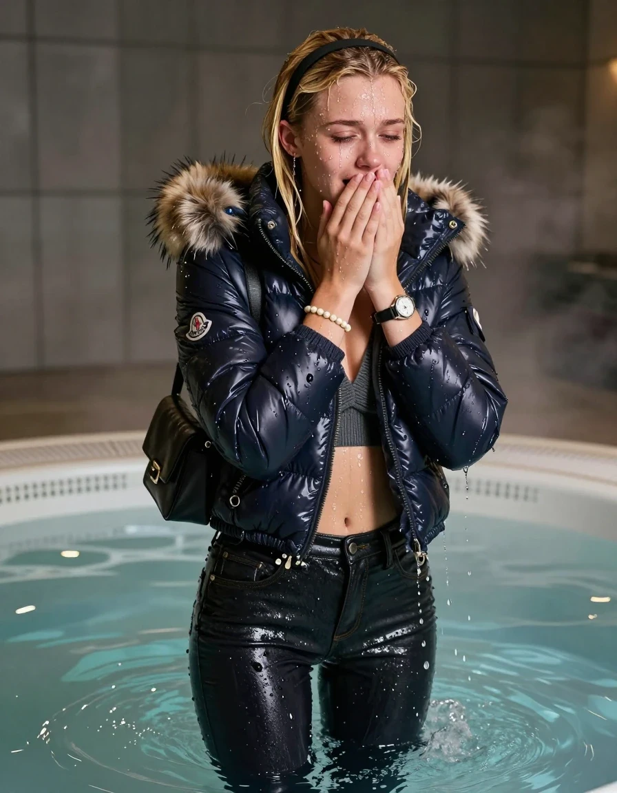 photo of young woman, in soaking wet, drenched clothes,
, Dark skinny jeans, Moncler shiny puffer down jacket with fur, Open jacket, tight v-neck sweater belly free, shoulderbag, pearl necklace, bracelet, wristwatch, Steaming indoor jacuzzi , 
enjoying, wet clothes stuck to body,
detailed textures of the wet clothes, wet face, wet plastered hair,
wet, drenched, professional, high-quality details, full body view.
sharp focus, ultra-high pixel detail, realistic, high-quality, full colors, incredibly detailed, 4k, 8k, 16k, hyper-realistic, RAW photo, masterpiece, ultra-detailed, professionally color graded, professional photograph, A realistic vertical fashion photograph taken from a backward, behind-the-back angle of a 15-year-old teenage girl standing in a steaming indoor jacuzzi, facing directely into the camera to show her back. She is tilting her head at camera, letting the water drench her hair so it is glued flat against her head and body. She has blonde Sleek  straight long hair with hairband, completely saturated and dripping wet hair, with water cascading down her face and neck, crying and astonished expression. She hold her hands over her mouth. The lighting is bright and cinematic, highlighting the glistening water droplets on her skin and the saturated texture of her  casual clothes.  Open mouth, half closed eyes. 
her clothing is soaking wet and clinging tightly to her skin, showing heavy wet folds, darkened fabric texture, and deep water-saturated Patches, her clothes are heavy from the water, water runs from her body and her clothes in streams. A lot of water also runs out of her clothes. Her clothes are darkened by the water. 
hyper-realistic wetness, high-contrast water sheen, sharp focus, 16k resolution, professional photography, realistic water physics., wet skin, wet clothes, damp fabric, wet skin, wet clothes, damp fabric, wet skin, wet clothes, damp fabric, wet skin, wet clothes, damp fabric, wet skin, wet clothes, damp fabric, wet skin, wet clothes, damp fabric