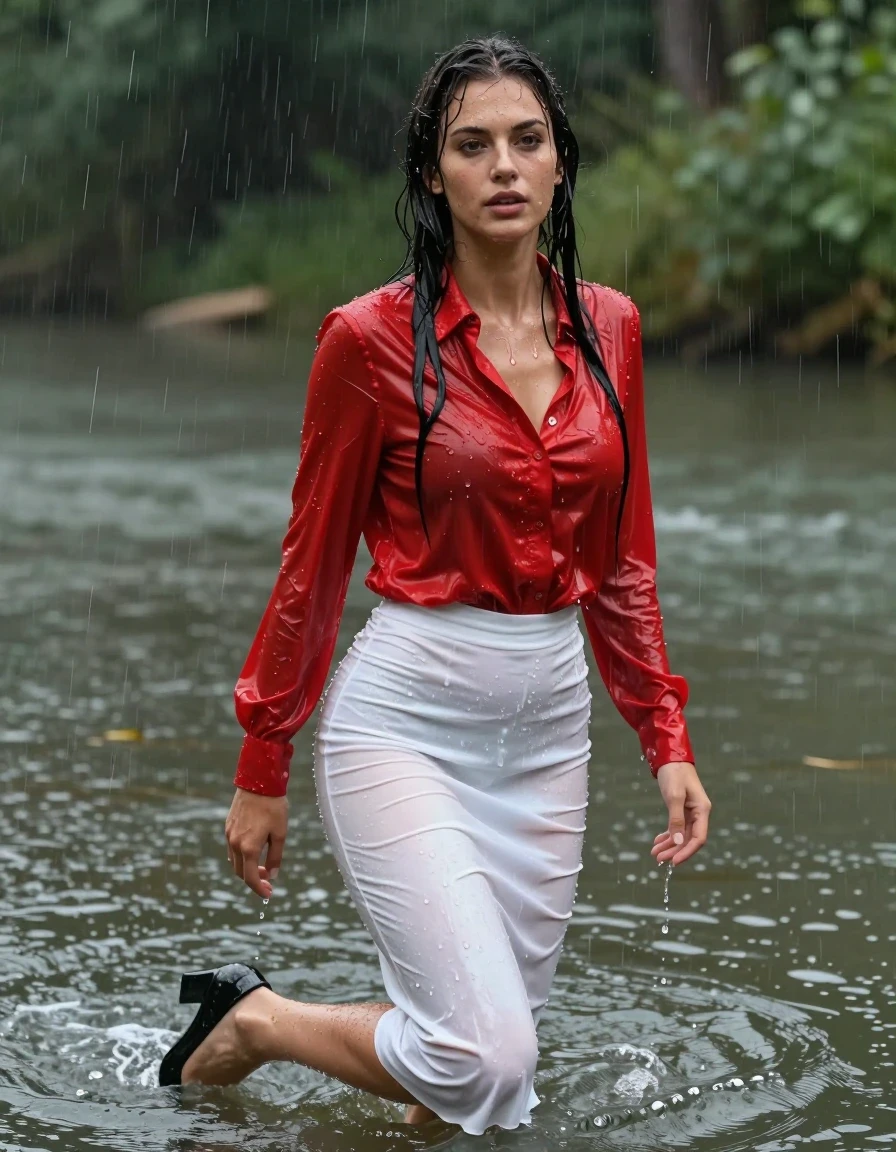 photo of young woman, in soaking wet, drenched clothes,
pumps, white tight long skirt, shiny light red blouse , long blouse, river, rain, 
enjoying, wet clothes stuck to body,
detailed textures of the wet clothes, wet face, wet plastered hair,
wet, drenched, professional, high-quality details, full body view.
sharp focus, ultra-high pixel detail, realistic, high-quality, full colors, incredibly detailed, 4k, 8k, 16k, hyper-realistic, RAW photo, masterpiece, ultra-detailed, professionally color graded, professional photograph, collar, long sleeves, long blouse, unbuttoned, 
wet hair, long hair, drenched, dripping wet, submerged, full body, wet skin, wet clothes, damp fabric