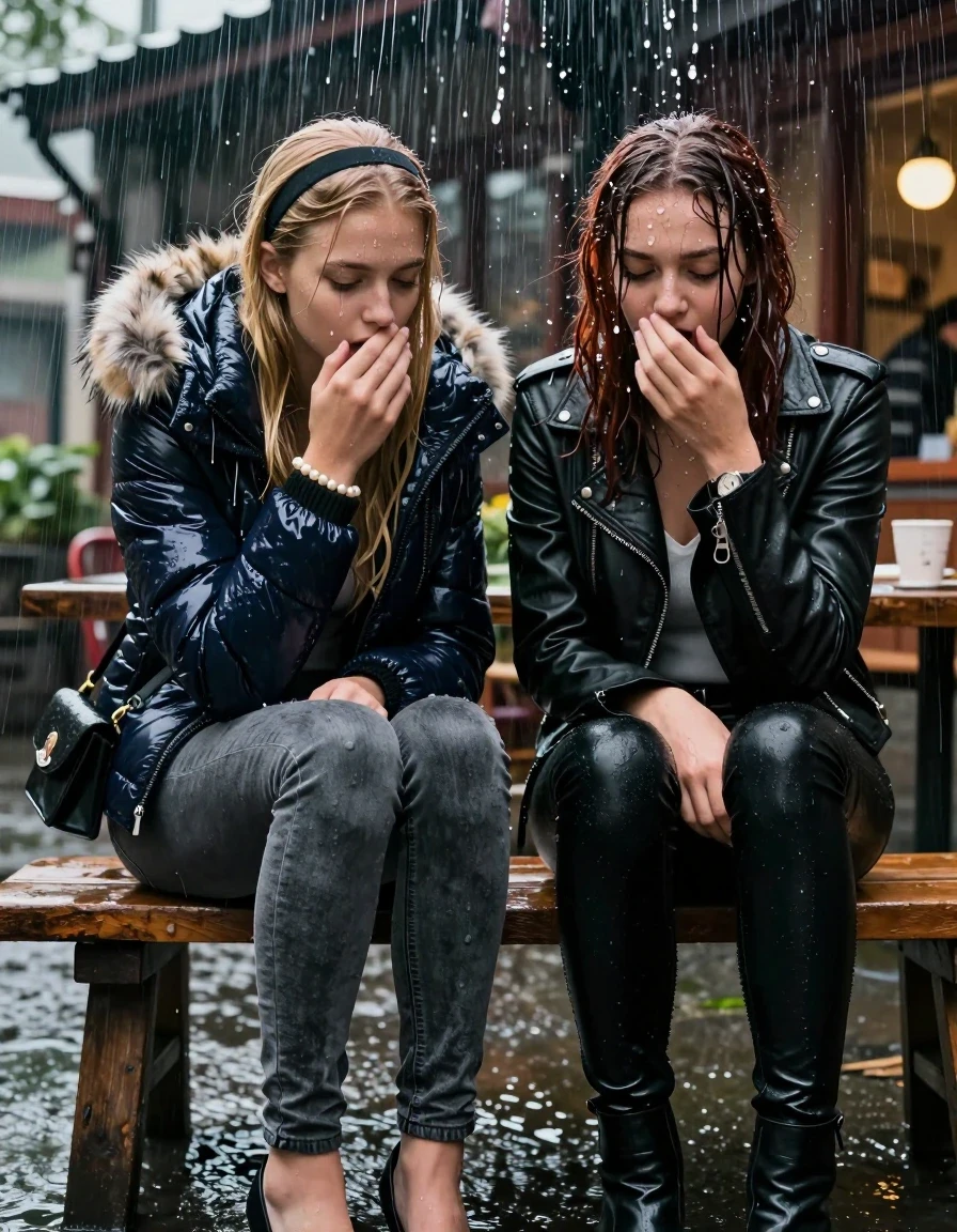 photo of young woman, in soaking wet, drenched clothes,
, Dark skinny jeans, Moncler shiny puffer down jacket with fur, Open jacket, tight v-neck sweater belly free, shoulderbag, pearl necklace, bracelet, wristwatch, Behind view: stream of rainwater, 
enjoying, wet clothes stuck to body,
detailed textures of the wet clothes, wet face, wet plastered hair,
wet, drenched, professional, high-quality details, full body view.
sharp focus, ultra-high pixel detail, realistic, high-quality, full colors, incredibly detailed, 4k, 8k, 16k, hyper-realistic, RAW photo, masterpiece, ultra-detailed, professionally color graded, professional photograph, two 15-year-old teenage girl sitting in an Outdoor Chinese-Restaurant under a heavy, concentrated stream of rainwater pouring off the edge of a building roof. The girls look down at camera, letting the water drench her hair so it is glued flat against her head and body. One has blonde Sleek  straight long hair with hairband, one has shoulder-length dark auburn hair , completely  saturated and dripping wet hair, with water cascading down her face and neck, shocked expression. One hold her hand over her mouth. One hold her hand over her nose. One Girl wears a moncler shiny puffer down jacket with fur, grey skinny jeans and black heels. One a biker leatherjacket with Black leatherleggings and ankle boots. Open mouth, closed eyes. The lighting is bright and cinematic, highlighting the glistening water droplets on her skin and the saturated texture of her  casual clothes. 
her clothing is soaking wet and clinging tightly to her skin, showing heavy wet folds, darkened fabric texture, and deep water-saturated Patches, her clothes are heavy from the water, water runs from her body and her clothes in streams. A lot of water also runs out of her clothes. Her clothes are darkened by the water. 
hyper-realistic wetness, high-contrast water sheen, sharp focus, 16k resolution, professional photography, realistic water physics., wet skin, wet clothes, damp fabric, wet skin, wet clothes, damp fabric, wet skin, wet clothes, damp fabric, wet skin, wet clothes, damp fabric, wet skin, wet clothes, damp fabric, wet skin, wet clothes, damp fabric