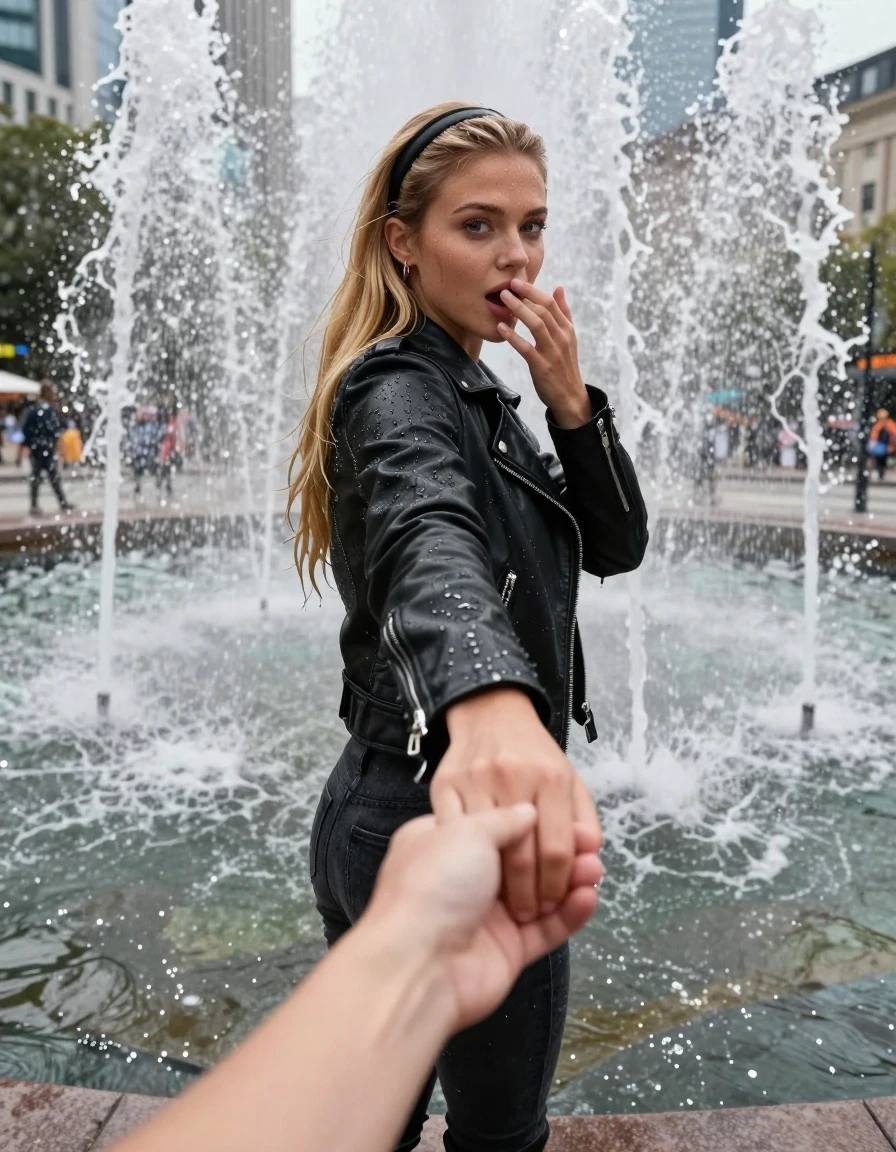 photo of young woman, in soaking wet, drenched clothes,
black biker leatherjacket, , 
enjoying, wet clothes stuck to body,
detailed textures of the wet clothes, wet face, wet plastered hair,
wet, drenched, professional, high-quality details, full body view.
sharp focus, ultra-high pixel detail, realistic, high-quality, full colors, incredibly detailed, 4k, 8k, 16k, hyper-realistic, RAW photo, masterpiece, ultra-detailed, professionally color graded, professional photograph, A high-quality, realistic vertical fashion photograph from a first-person POV perspective. The viewer's hand is being held and pulled forward by an teenage girl with blonde long sleek straight hair with hairband. She is walking into the center of a powerful city fountain, looking back at the viewer with a astonished expression as she leads them into the cascading water jets. she holds the other hand over her mouth. She is wearing a black leatherjacket, skinny jeans and boots,  both of which are completely soaked and clinging to her skin. The scene is filled with intense water spray, mist, and splashing droplets catching the bright daylight. The focus is sharp on the woman, capturing the exhilaration of the moment, with the fountain jets creating a refreshing, cinematic atmosphere., wet skin, wet clothes, damp fabric