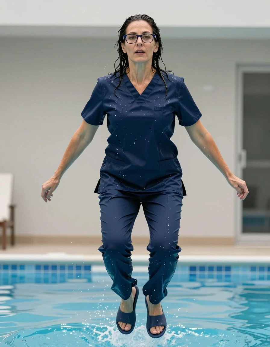 photo of young woman, in soaking wet, drenched clothes,
slippers, dark blue shiny scrubs, dark blue shiny scrubs, jumping in pool, enjoying wet clothes stuck body, enjoying, wet clothes stuck to body, 
enjoying, wet clothes stuck to body,
detailed textures of the wet clothes, wet face, wet plastered hair,
wet, drenched, professional, high-quality details, full body view.
sharp focus, ultra-high pixel detail, realistic, high-quality, full colors, incredibly detailed, 4k, 8k, 16k, hyper-realistic, RAW photo, masterpiece, ultra-detailed, professionally color graded, professional photograph, europen brunette skinny woman 50 years old, long dark black hair, office glasses, very big and thick lips, complete body, wet skin, wet clothes, damp fabric, wet skin, wet clothes, damp fabric, wet skin, wet clothes, damp fabric, wet skin, wet clothes, damp fabric, wet skin, wet clothes, damp fabric, wet skin, wet clothes, damp fabric, wet skin, wet clothes, damp fabric