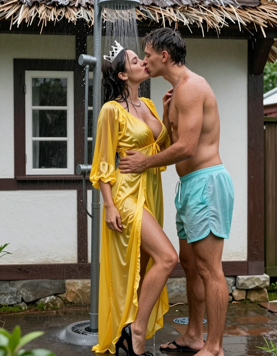photo of young woman, in soaking wet, drenched clothes,
Schwarze Pumps, Gelbes langes Schneewittchen Kleid aus Satin, Kleines Fachwerkhaus mit einem Strohgedeckten Dach und Sprossenfenster, 
enjoying, wet clothes stuck to body,
detailed textures of the wet clothes, wet face, wet plastered hair,
wet, drenched, professional, high-quality details, full body view.
sharp focus, ultra-high pixel detail, realistic, high-quality, full colors, incredibly detailed, 4k, 8k, 16k, hyper-realistic, RAW photo, masterpiece, ultra-detailed, professionally color graded, professional photograph, Fotorealistische Ganzkörperaufnahme mit hoher Auflösung eines wunderschönen blutjungen Mädchens, sie steht vor einem kleinen Fachwerkhaus mit Sprossenfenster und einem strohgedeckten Dach unter einer alten Dusche, das Mädchen hat schwarze lange Haare und einen rot geschminkten Mund, sie hat schöne blaue Augen, sie hat mittelgroße flache Brüste, auf dem Kopf trägt sie eine silberne kleine Krone, um den Hals trägt sie eine silberne Halskette, sie trägt ein langes gelbes Schneewittchen Kleid aus Chiffon mit Puffärmeln, es regnet stark und ihr Kleid ist völlig durchnässt, ihre Brüste sind durch den dünnen und transparenten Stoff ihres Kleides gut sichtbar, ihr Rock klebt ihr an den Beinen, Wasser läuft aus ihrem Rock, neben steht ein junger Mann mit nacktem Oberkörper und einer kurzen hellblauen Shorts mit ihr unter der Dusche, sie drückt ihn fest an sich und umarmt ihn liebevoll, er fasst ihr mit beiden Händen an den Po, sie küsst ihn genussvoll auf dem Mund., wet skin, wet clothes, damp fabric