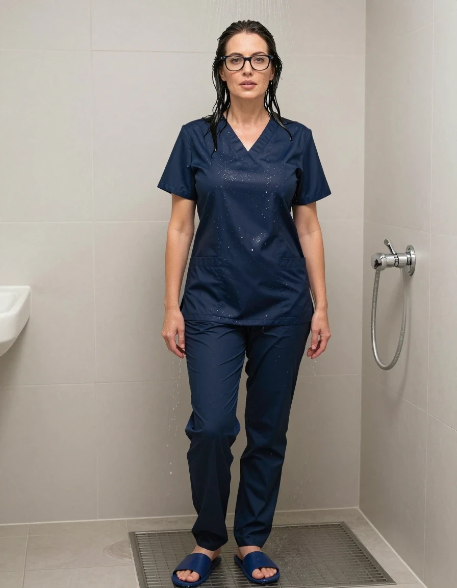 photo of young woman, in soaking wet, drenched clothes,
slippers, dark blue shiny scrubs, dark blue shiny scrubs, shower, enjoying wet clothes stuck body, enjoying, wet clothes stuck to body, 
enjoying, wet clothes stuck to body,
detailed textures of the wet clothes, wet face, wet plastered hair,
wet, drenched, professional, high-quality details, full body view.
sharp focus, ultra-high pixel detail, realistic, high-quality, full colors, incredibly detailed, 4k, 8k, 16k, hyper-realistic, RAW photo, masterpiece, ultra-detailed, professionally color graded, professional photograph, europen brunette skinny woman 50 years old, long dark black hair, office glasses, very big and thick lips, complete body, wet skin, wet clothes, damp fabric, wet skin, wet clothes, damp fabric, wet skin, wet clothes, damp fabric, wet skin, wet clothes, damp fabric, wet skin, wet clothes, damp fabric, wet skin, wet clothes, damp fabric, wet skin, wet clothes, damp fabric