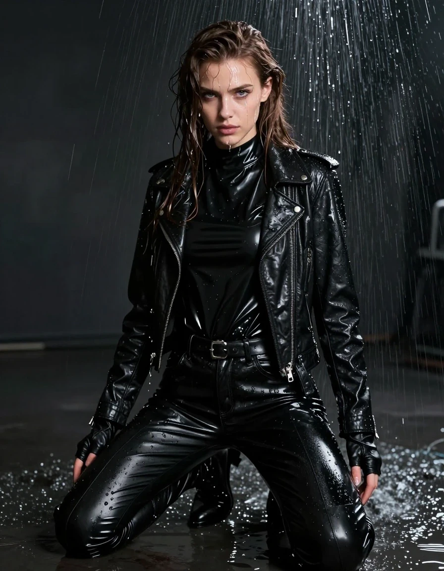 A photorealistic portrait of a young adult European woman with long, dripping wet brown hair, captured in a state of complete saturation. She is kneeling in a dark, moody room where water drips steadily from the ceiling, soaking her entire form. She wears an oversize black vinyl polar neck shirt, black vinyl pants, a heavy black biker's leather jacket, and black leather knee-high boots, with leather gloves on both hands. The vinyl and leather garments are slick, coated in a heavy water sheen, clinging to her body with realistic weight and deep, dark reflections. Her skin is glistening with moisture and rivulets of water. The environment is damp and atmospheric, with visible water droplets and a glistening floor. High-contrast lighting highlights the textures of the dripping wet fabric and wet skin. Sharp focus, cinematic composition, hyper-detailed textures, no nudity, fully clothed, modest attire.