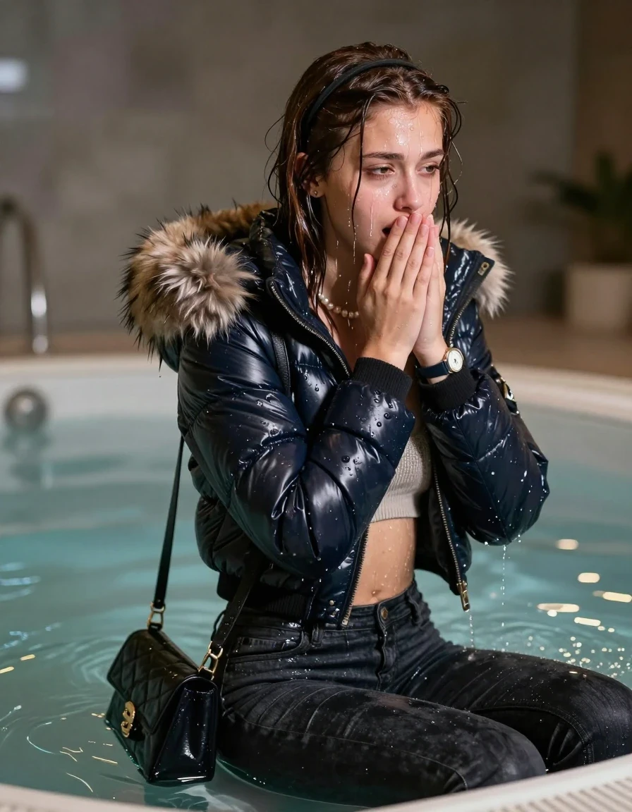 photo of young woman, in soaking wet, drenched clothes,
, Dark skinny jeans, Moncler shiny puffer down jacket with fur, Open jacket, tight v-neck sweater belly free, shoulderbag, pearl necklace, bracelet, wristwatch, Steaming indoor jacuzzi , 
enjoying, wet clothes stuck to body,
detailed textures of the wet clothes, wet face, wet plastered hair,
wet, drenched, professional, high-quality details, full body view.
sharp focus, ultra-high pixel detail, realistic, high-quality, full colors, incredibly detailed, 4k, 8k, 16k, hyper-realistic, RAW photo, masterpiece, ultra-detailed, professionally color graded, professional photograph, A realistic vertical fashion photograph taken from a backward, behind-the-back angle of a 15-year-old teenage girl sitting in a steaming indoor jacuzzi, facing directely into the camera to show her back. She is tilting her head at camera, letting the water drench her hair so it is glued flat against her head and body. She has dark auburn Sleek  straight long hair with hairband, completely saturated and dripping wet hair, with water cascading down her face and neck, crying and astonished expression. She hold her hands over her mouth. The lighting is bright and cinematic, highlighting the glistening water droplets on her skin and the saturated texture of her  casual clothes.  Open mouth, half closed eyes. 
her clothing is soaking wet and clinging tightly to her skin, showing heavy wet folds, darkened fabric texture, and deep water-saturated Patches, her clothes are heavy from the water, water runs from her body and her clothes in streams. A lot of water also runs out of her clothes. Her clothes are darkened by the water. 
hyper-realistic wetness, high-contrast water sheen, sharp focus, 16k resolution, professional photography, realistic water physics., wet skin, wet clothes, damp fabric, wet skin, wet clothes, damp fabric, wet skin, wet clothes, damp fabric, wet skin, wet clothes, damp fabric, wet skin, wet clothes, damp fabric, wet skin, wet clothes, damp fabric, wet skin, wet clothes, damp fabric, wet skin, wet clothes, damp fabric