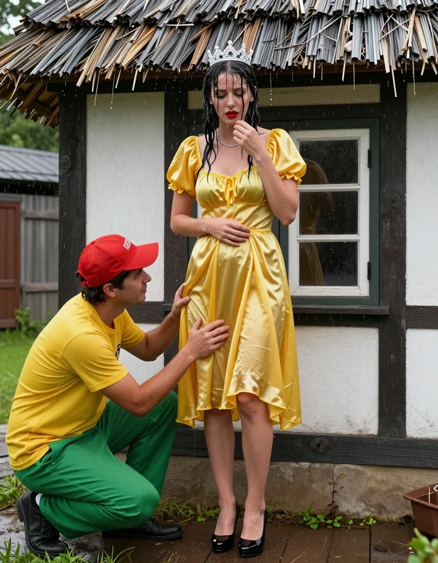 photo of young woman, in soaking wet, drenched clothes,
Schwarze Pumps, Gelbes Schneewittchen Kleid aus Satin, Kleines Fachwerkhaus mit einem Strohgedeckten Dach und Sprossenfenster, 
enjoying, wet clothes stuck to body,
detailed textures of the wet clothes, wet face, wet plastered hair,
wet, drenched, professional, high-quality details, full body view.
sharp focus, ultra-high pixel detail, realistic, high-quality, full colors, incredibly detailed, 4k, 8k, 16k, hyper-realistic, RAW photo, masterpiece, ultra-detailed, professionally color graded, professional photograph, Fotorealistische Ganzkörperaufnahme eines jungen Mädchens vor einem kleinen Fachwerkhaus mit Sprossenfenster und einem strohgedeckten Dach, das Mädchen hat schwarze lange Haare und einen rot geschminkten Mund, auf dem Kopf trägt sie eine silberne kleine Krone, um den Hals trägt sie eine silberne Halskette, sie trägt ein langes gelbes Schneewittchen Kleid aus Chiffon mit Puffärmeln, es regnet stark und ihre Kleidung ist völlig durchnässt, ihr Rock klebt ihr an den Beinen, vor ihr kniet ein kleiner Mann mit grüner Hose, gelben T-Shirt und einer roten Zipfelmütze, sie lächelt den jungen Mann freundlich an, um umarmt ihren Rock und zieht ihn leicht hoch., wet skin, wet clothes, damp fabric