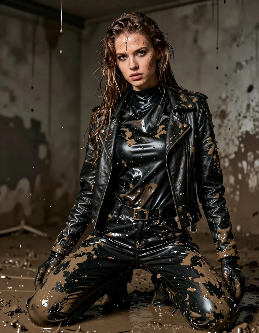 A photorealistic portrait of a young adult European woman with long, dripping wet brown hair, her skin heavily coated in thick, viscous mud, glistening with a wet sheen. She is wearing an oversize black vinyl polar neck shirt, black vinyl pants, a black biker leather jacket, and black leather knee-high boots, with leather gloves on both hands. All fabrics are drenched, heavy with mud, and clinging to her body, showing deep dark saturations, realistic folds, and a wet, slick texture. She is kneeling in a dimly lit, gritty room, with thick mud dripping from the ceiling onto her and the floor. The lighting highlights the glossy, wet surfaces of the vinyl and leather against the matte, caked mud. High-detail photographic composition, 8k resolution, cinematic lighting, sharp focus on skin texture and fabric clinging, strictly non-nude, modest and fully clothed.