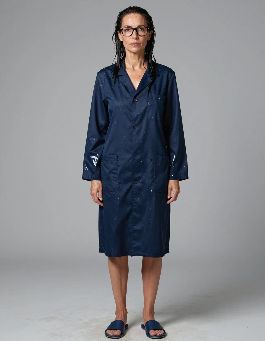 photo of young woman, in soaking wet, drenched clothes,
slippers, shiny dark blue labcoat, shiny dark blue labcoat, enjoying wet clothes stuck body, enjoying, wet clothes stuck to body, 
enjoying, wet clothes stuck to body,
detailed textures of the wet clothes, wet face, wet plastered hair,
wet, drenched, professional, high-quality details, full body view.
sharp focus, ultra-high pixel detail, realistic, high-quality, full colors, incredibly detailed, 4k, 8k, 16k, hyper-realistic, RAW photo, masterpiece, ultra-detailed, professionally color graded, professional photograph, europen brunette skinny woman 50 years old, long dark black hair, office glasses, very big and thick lips, complete body, wet skin, wet clothes, damp fabric, wet skin, wet clothes, damp fabric, wet skin, wet clothes, damp fabric, wet skin, wet clothes, damp fabric, wet skin, wet clothes, damp fabric, wet skin, wet clothes, damp fabric, wet skin, wet clothes, damp fabric