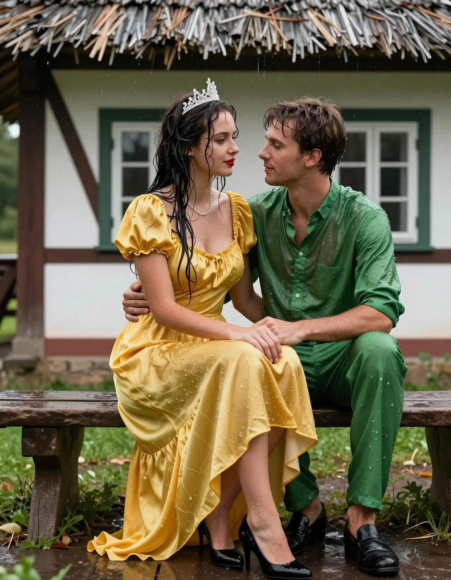 photo of young woman, in soaking wet, drenched clothes,
Schwarze Pumps, Gelbes Schneewittchen Kleid aus Satin, Kleines Fachwerkhaus mit einem Strohgedeckten Dach und Sprossenfenster, 
enjoying, wet clothes stuck to body,
detailed textures of the wet clothes, wet face, wet plastered hair,
wet, drenched, professional, high-quality details, full body view.
sharp focus, ultra-high pixel detail, realistic, high-quality, full colors, incredibly detailed, 4k, 8k, 16k, hyper-realistic, RAW photo, masterpiece, ultra-detailed, professionally color graded, professional photograph, Fotorealistische Ganzkörperaufnahme eines jungen Mädchens, sie sitzt auf einer alten Holzbank vor einem kleinen Fachwerkhaus mit Sprossenfenster und einem strohgedeckten Dach, das Mädchen hat schwarze lange Haare und einen rot geschminkten Mund, sie hat schöne blaue Augen, sie hat mittelgroße Brüste, auf dem Kopf trägt sie eine silberne kleine Krone, um den Hals trägt sie eine silberne Halskette, sie trägt ein langes gelbes Schneewittchen Kleid aus Chiffon mit Puffärmeln, es regnet stark und ihre Kleidung ist völlig durchnässt, ihre Brüste sind durch den dünnen Stoff ihres Kleides leicht sichtbar, ihr Rock klebt ihr an den Beinen, Wasser läuft aus ihrem Rock, sie hat einen jungen Mann mit kurzer grüner Hose und nacktem Oberkörper auf ihrem Schoss sitzen und umarmt ihn liebevoll, sie lächelt den jungen Mann freundlich an, der junge Mann legt eine Hand auf ihr Knie., wet skin, wet clothes, damp fabric