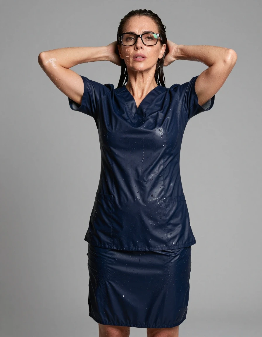 photo of young woman, in soaking wet, drenched clothes,
slippers, dark blue shiny scrub skirt, dark blue shiny scrub top, shower, enjoying wet clothes stuck body, enjoying, wet clothes stuck to body, 
enjoying, wet clothes stuck to body,
detailed textures of the wet clothes, wet face, wet plastered hair,
wet, drenched, professional, high-quality details, full body view.
sharp focus, ultra-high pixel detail, realistic, high-quality, full colors, incredibly detailed, 4k, 8k, 16k, hyper-realistic, RAW photo, masterpiece, ultra-detailed, professionally color graded, professional photograph, europen brunette skinny woman 50 years old, long dark black hair, office glasses, very big and thick lips, complete body, wet skin, wet clothes, damp fabric, wet skin, wet clothes, damp fabric, wet skin, wet clothes, damp fabric, wet skin, wet clothes, damp fabric, wet skin, wet clothes, damp fabric, wet skin, wet clothes, damp fabric, wet skin, wet clothes, damp fabric