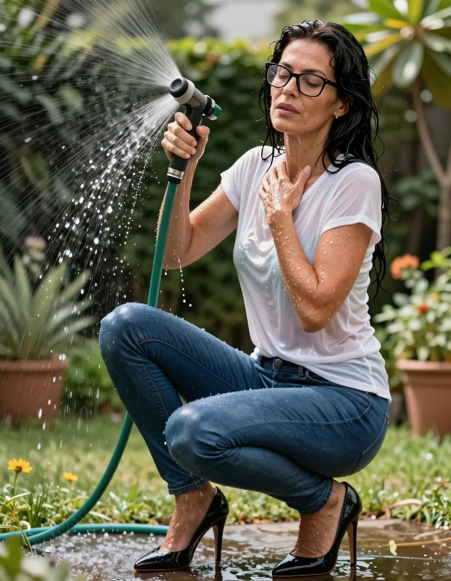 photo of young woman, in soaking wet, drenched clothes,
high-heeled shoes, shiny leather blue jeans, shiny white t-shirt, pouring water with the hose in sunny garden, enjoying wet clothes stuck body, enjoying, wet clothes stuck to body, 
enjoying, wet clothes stuck to body,
detailed textures of the wet clothes, wet face, wet plastered hair,
wet, drenched, professional, high-quality details, full body view.
sharp focus, ultra-high pixel detail, realistic, high-quality, full colors, incredibly detailed, 4k, 8k, 16k, hyper-realistic, RAW photo, masterpiece, ultra-detailed, professionally color graded, professional photograph, europen brunette skinny woman 50 years old, long dark black hair, office glasses, very big and thick lips, complete body, wet skin, wet clothes, damp fabric, wet skin, wet clothes, damp fabric, wet skin, wet clothes, damp fabric, wet skin, wet clothes, damp fabric, wet skin, wet clothes, damp fabric, wet skin, wet clothes, damp fabric, wet skin, wet clothes, damp fabric