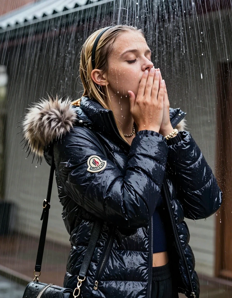 photo of young woman, in soaking wet, drenched clothes,
, , Moncler shiny puffer down jacket with fur, Open jacket, tight v-neck sweater belly free, shoulderbag, pearl necklace, bracelet, wristwatch, stream of rainwater, 
enjoying, wet clothes stuck to body,
detailed textures of the wet clothes, wet face, wet plastered hair,
wet, drenched, professional, high-quality details, full body view.
sharp focus, ultra-high pixel detail, realistic, high-quality, full colors, incredibly detailed, 4k, 8k, 16k, hyper-realistic, RAW photo, masterpiece, ultra-detailed, professionally color graded, professional photograph, A realistic vertical fashion photograph taken from a backward, behind-the-back angle of a 15-year-old teenage girl standing under a heavy, concentrated stream of rainwater pouring off the edge of a building roof. She is tilting her head back, letting the water drench her hair so it is glued flat against her head and body. She has blonde Sleek  straight long hair with hairband, completely saturated and dripping wet hair, with water cascading down her face and neck, creating an astonished expression. She hold her hands over her mouth and nose. The lighting is bright and cinematic, highlighting the glistening water droplets on her skin and the saturated texture of her  casual clothes.  Closed eyes. 
her clothing is soaking wet and clinging tightly to her skin, showing heavy wet folds, darkened fabric texture, and deep water-saturated Patches, her clothes are heavy from the water, water runs from her body and her clothes in streams. A lot of water also runs out of her clothes. Her clothes are darkened by the water. 
hyper-realistic wetness, high-contrast water sheen, sharp focus, 16k resolution, professional photography, realistic water physics., wet skin, wet clothes, damp fabric, wet skin, wet clothes, damp fabric, wet skin, wet clothes, damp fabric, wet skin, wet clothes, damp fabric