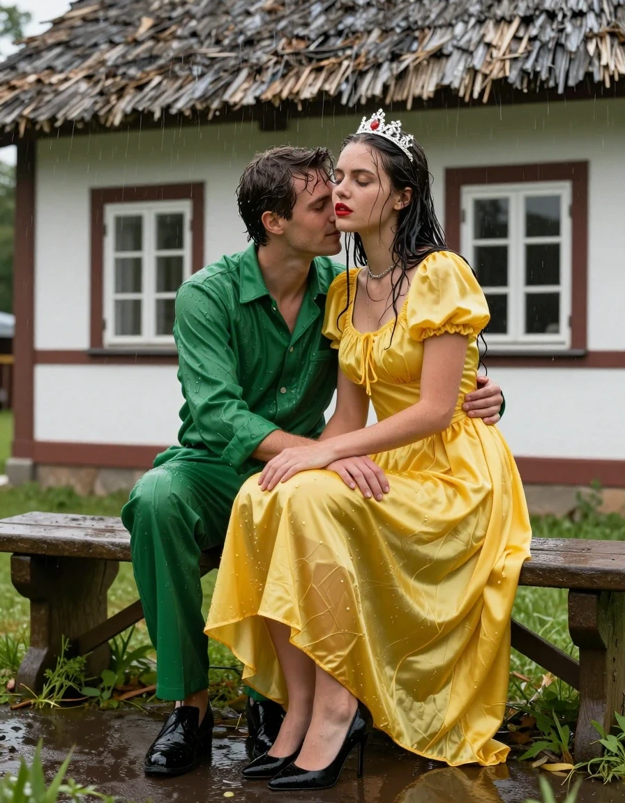 photo of young woman, in soaking wet, drenched clothes,
Schwarze Pumps, Gelbes Schneewittchen Kleid aus Satin, Kleines Fachwerkhaus mit einem Strohgedeckten Dach und Sprossenfenster, 
enjoying, wet clothes stuck to body,
detailed textures of the wet clothes, wet face, wet plastered hair,
wet, drenched, professional, high-quality details, full body view.
sharp focus, ultra-high pixel detail, realistic, high-quality, full colors, incredibly detailed, 4k, 8k, 16k, hyper-realistic, RAW photo, masterpiece, ultra-detailed, professionally color graded, professional photograph, Fotorealistische Ganzkörperaufnahme eines jungen Mädchens, sie sitzt auf einer alten Holzbank vor einem kleinen Fachwerkhaus mit Sprossenfenster und einem strohgedeckten Dach, das Mädchen hat schwarze lange Haare und einen rot geschminkten Mund, auf dem Kopf trägt sie eine silberne kleine Krone, um den Hals trägt sie eine silberne Halskette, sie trägt ein langes gelbes Schneewittchen Kleid aus Chiffon mit Puffärmeln, es regnet stark und ihre Kleidung ist völlig durchnässt, ihr Rock klebt ihr an den Beinen, sie hat einen jungen Mann mit grüner Hose und nackten Oberkörper auf ihrem Schoss sitzen und umarmt ihn liebevoll, sie lächelt den jungen Mann freundlich an, der junge Mann legt eine Hand auf ihr Knie., wet skin, wet clothes, damp fabric